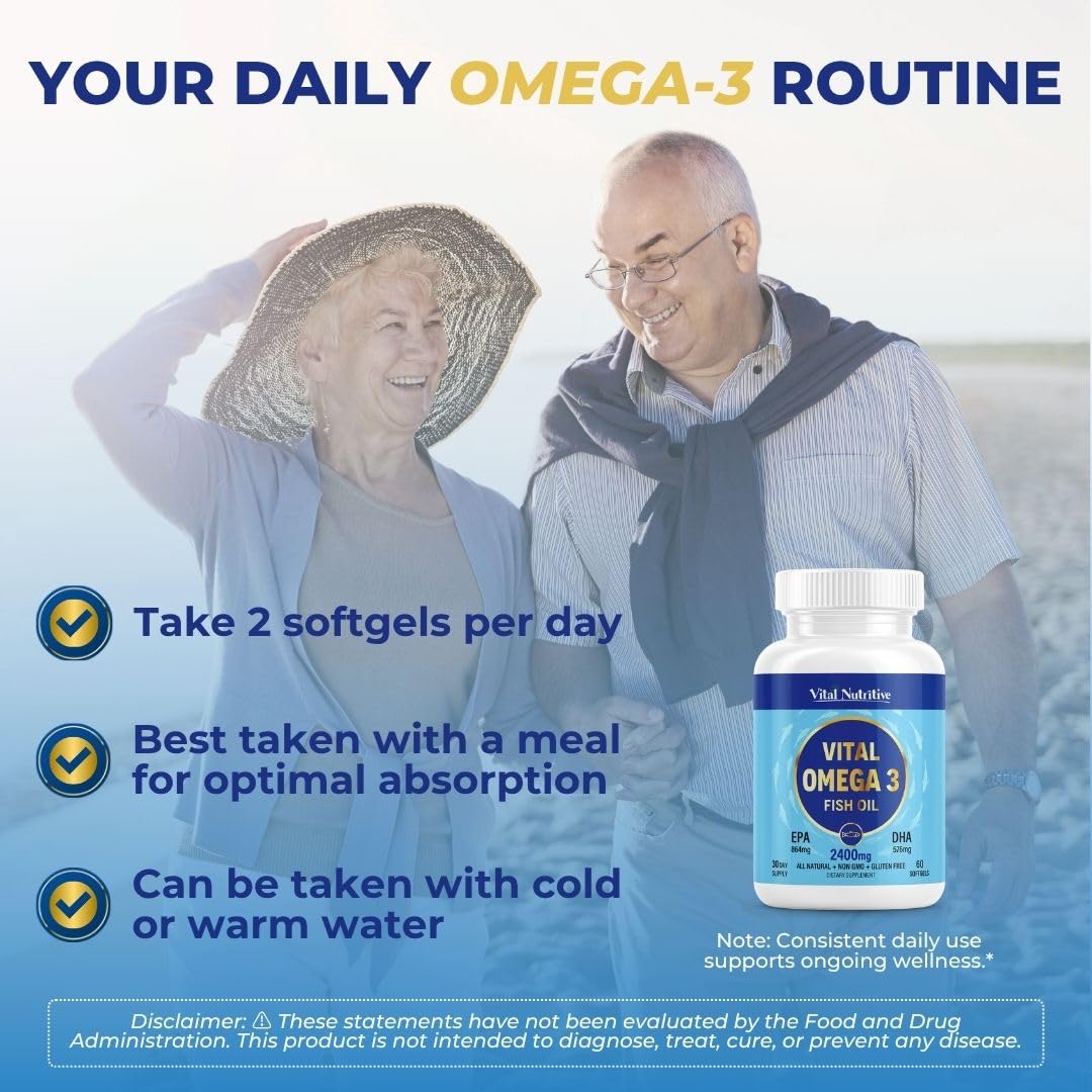 Vital Omega 3 Fish Oil Supplements 2400mg | 864mg EPA & 576mg DHA | 1440mg Total Omega-3 Fatty Acids | Promotes Brain & Heart Health | Non-GMO, Gluten-Free, Sugar-Free | Lemon | 60 Day Servings VITAL NUTRITIVEAu supplements