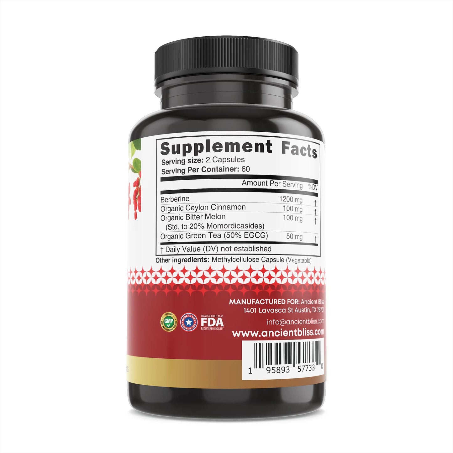 Ancient Bliss Berberine HCL 1200mg with Ceylon Cinnamon, Bitter Melon, and Green Tea Ancient BlissUS supplements