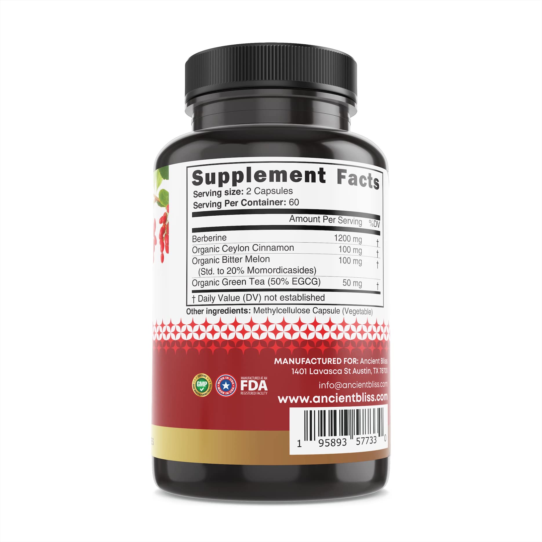 Ancient Bliss Berberine HCL 1200mg with Ceylon Cinnamon, Bitter Melon, and Green Tea Ancient BlissAu supplements