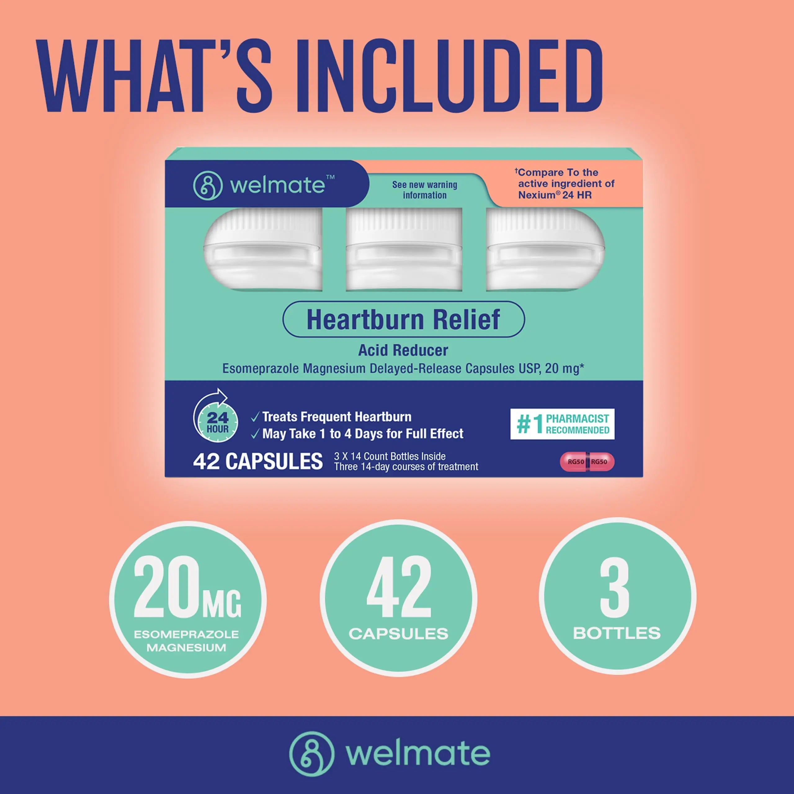 WELMATE Esomeprazole Magnesium 20mg Delayed Release Capsules, 84 Count (2-Pack) – Acid Reducer for Frequent Heartburn & Acid Reflux Relief, 24HR Protection, Digestion Support WELMATEnz supplements