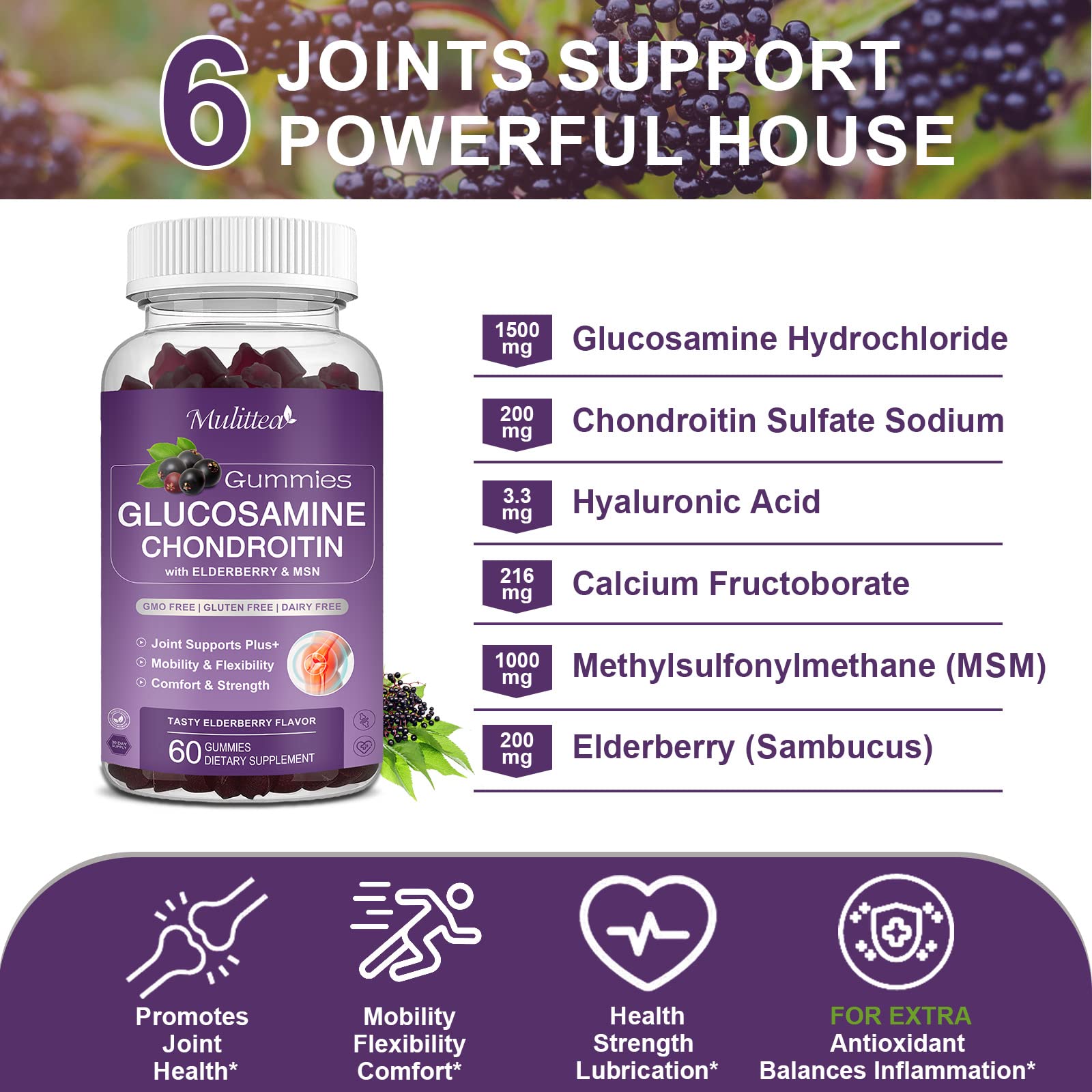 Mulittea Glucosamine Chondroitin Gummies - Extra Strength Joint Support Supplement with MSM & Elderberry for Natural Joint, Antioxidant Immune Support for Adults, Men & Women-(2 Pack) MulitteaAu supplements