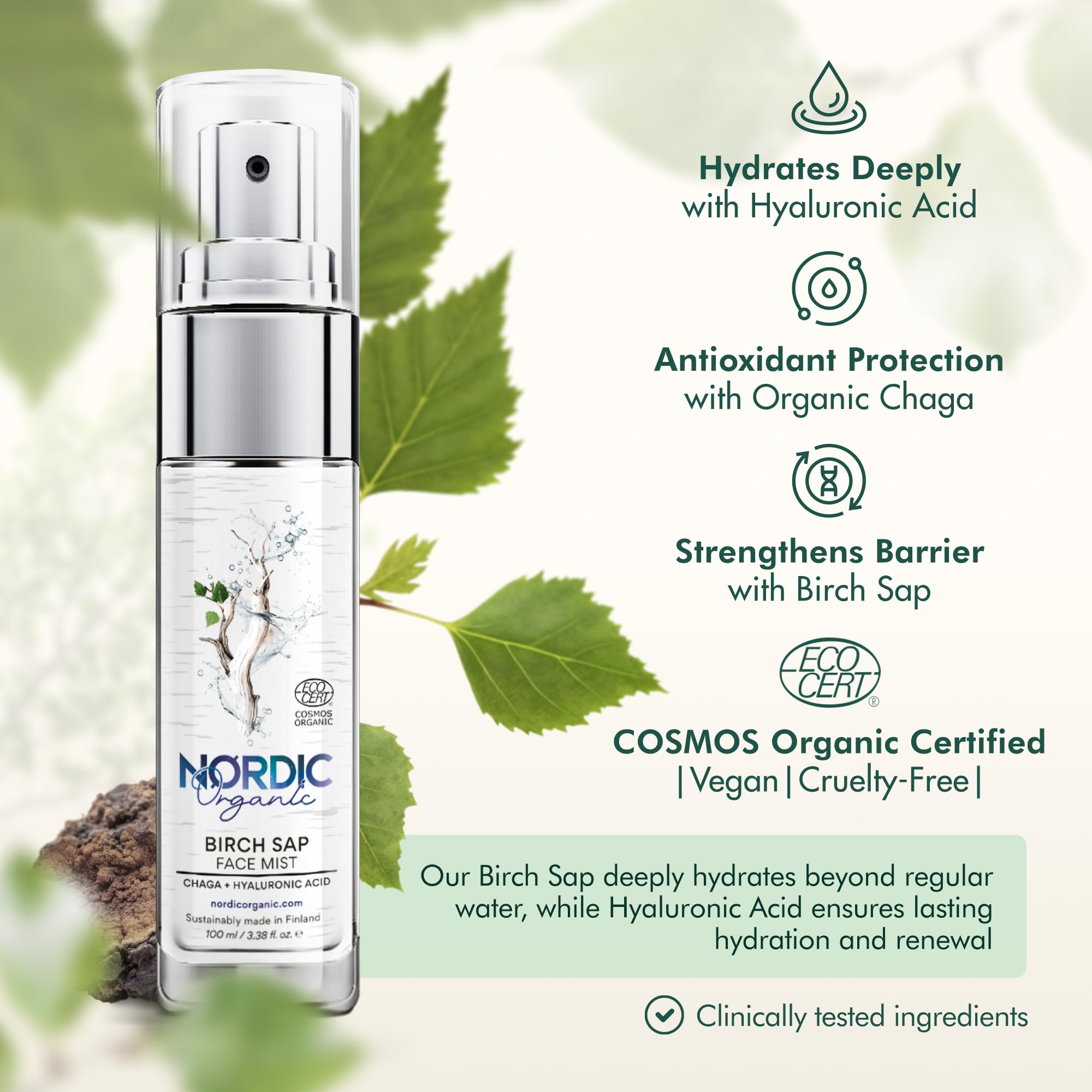 Nordic Organic Birch Sap Face Mist – COSMOS Certified Organic Formula with Hyaluronic Acid & Chaga Mushroom, Fragrance Free, Made in Finland 3.38 oz (100 ml), 1 Bottle Nordic OrganicAu supplements