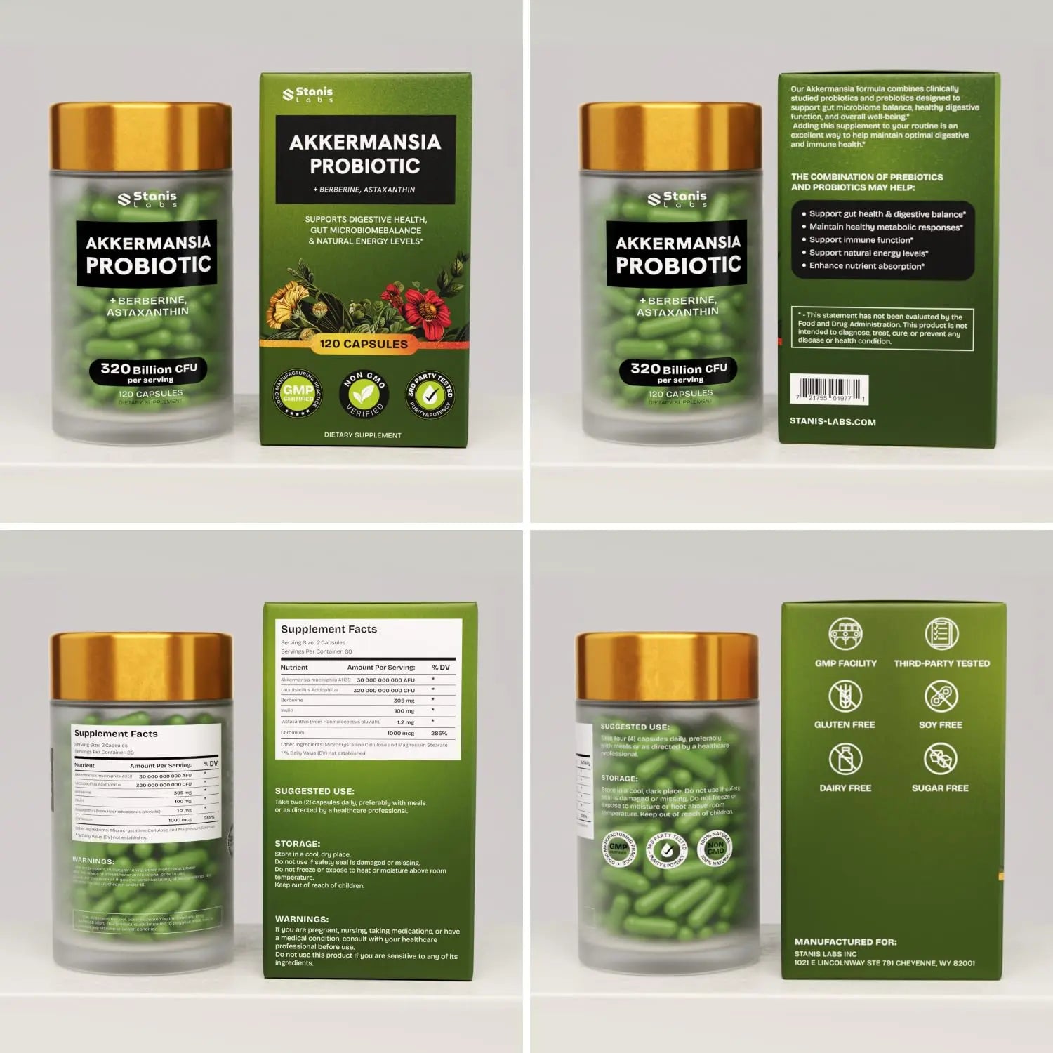 Akkermansia Muciniphila Probiotics 320 Billion CFU| Probiotic and Prebiotic | Akkermansia Probiotics for gut health | Inulin Prebiotic Fiber Capsules Astaxanthin & Berberine & Chromium | 120 capsules Stanis LabsAu supplements