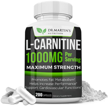 DR. MARTIN'S NUTRITION Extra Strength L-Carnitine - 200 Capsules - 1000mg Per Serving - Boost Your Metabolism and Increase Performance DR. MARTIN'S NUTRITIONUS supplements