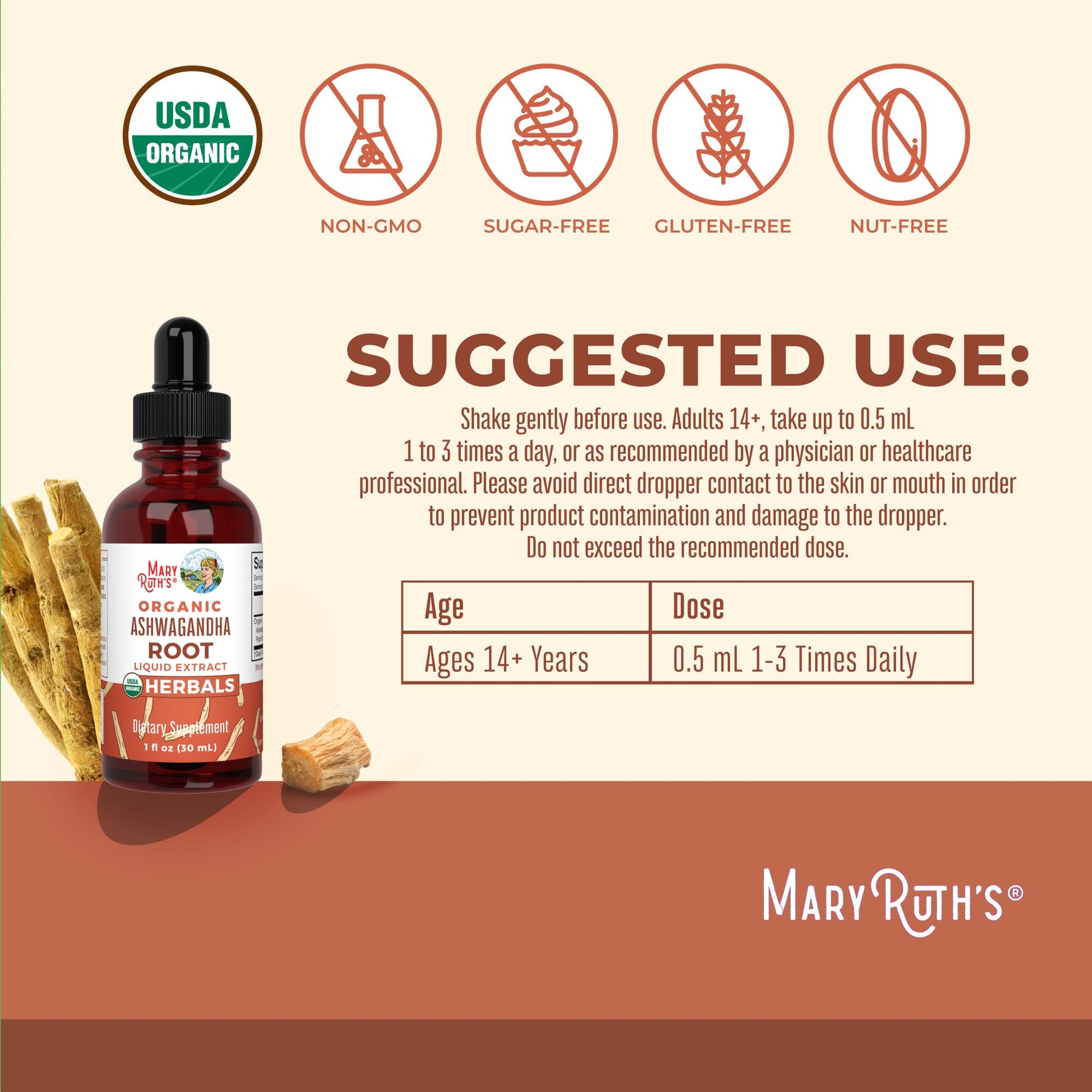 MaryRuth Organics Ashwagandha Root | USDA Organic Ashwagandha Liquid Drops | Stress Relief, Natural Calm, Relaxation and Mood Support Supplement | Adaptogenic | Nervine | Vegan | Non-GMO | 60 Servings MARYRUTH'SUS supplements