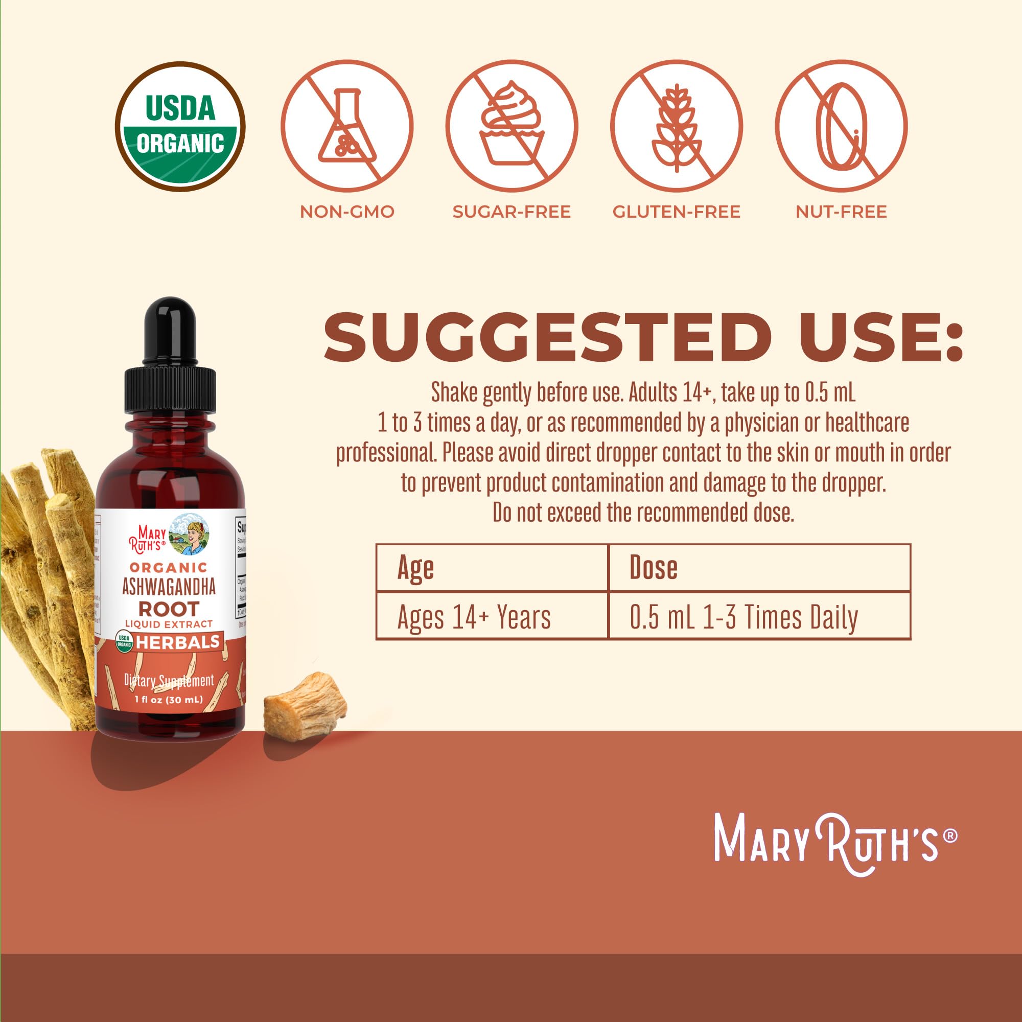 MaryRuth Organics Ashwagandha Root | USDA Organic Ashwagandha Liquid Drops | Stress Relief, Natural Calm, Relaxation and Mood Support Supplement | Adaptogenic | Nervine | Vegan | Non-GMO | 60 Servings MARYRUTH'SUS supplements