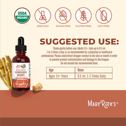 MaryRuth Organics Ashwagandha Root | USDA Organic Ashwagandha Liquid Drops | Stress Relief, Natural Calm, Relaxation and Mood Support Supplement | Adaptogenic | Nervine | Vegan | Non-GMO | 60 Servings MARYRUTH'SUS supplements