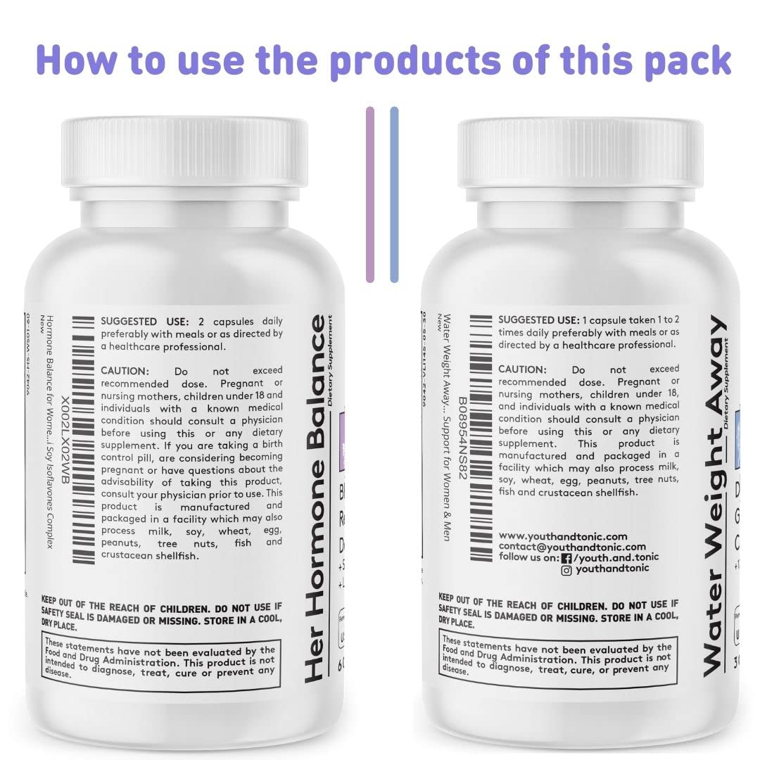 Youth & Tonic PMS & Menopause Bloating Relief Duo – Support for Puffiness, Hormonal Balance & Fluid Retention – Her Hormone Balance + Water Weight Away Natural Herbs for Women, 90 Capsules Youth & TonicAu supplements