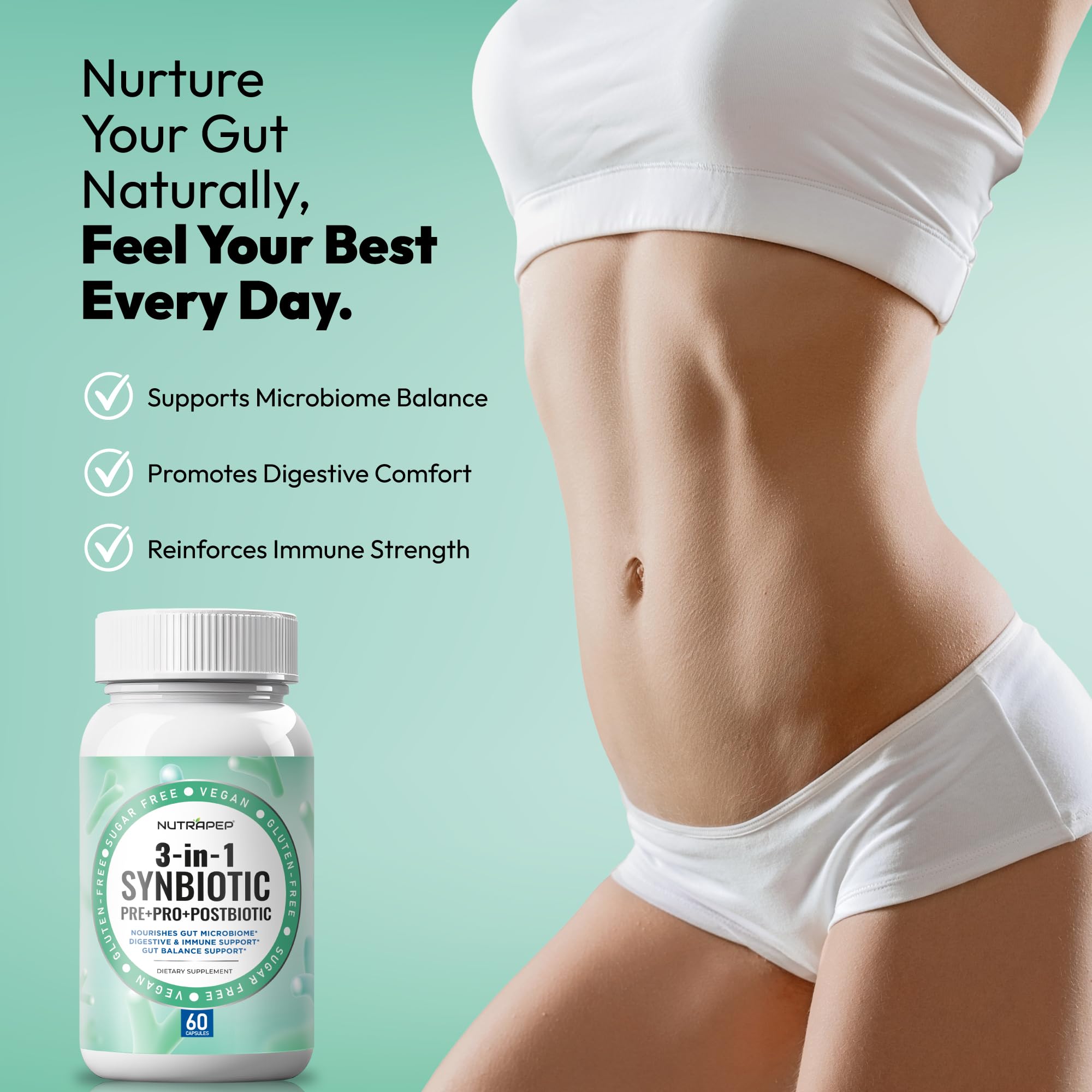 NutraPep Synbiotics Probiotic Prebiotic Postbiotic - Daily Gut Health Support with Pre Pro & Post Biotics for Men Women - Digestive & Immune Support Balance Synbiotic Supplement - Vegan Gluten Free NutraPepAu supplements