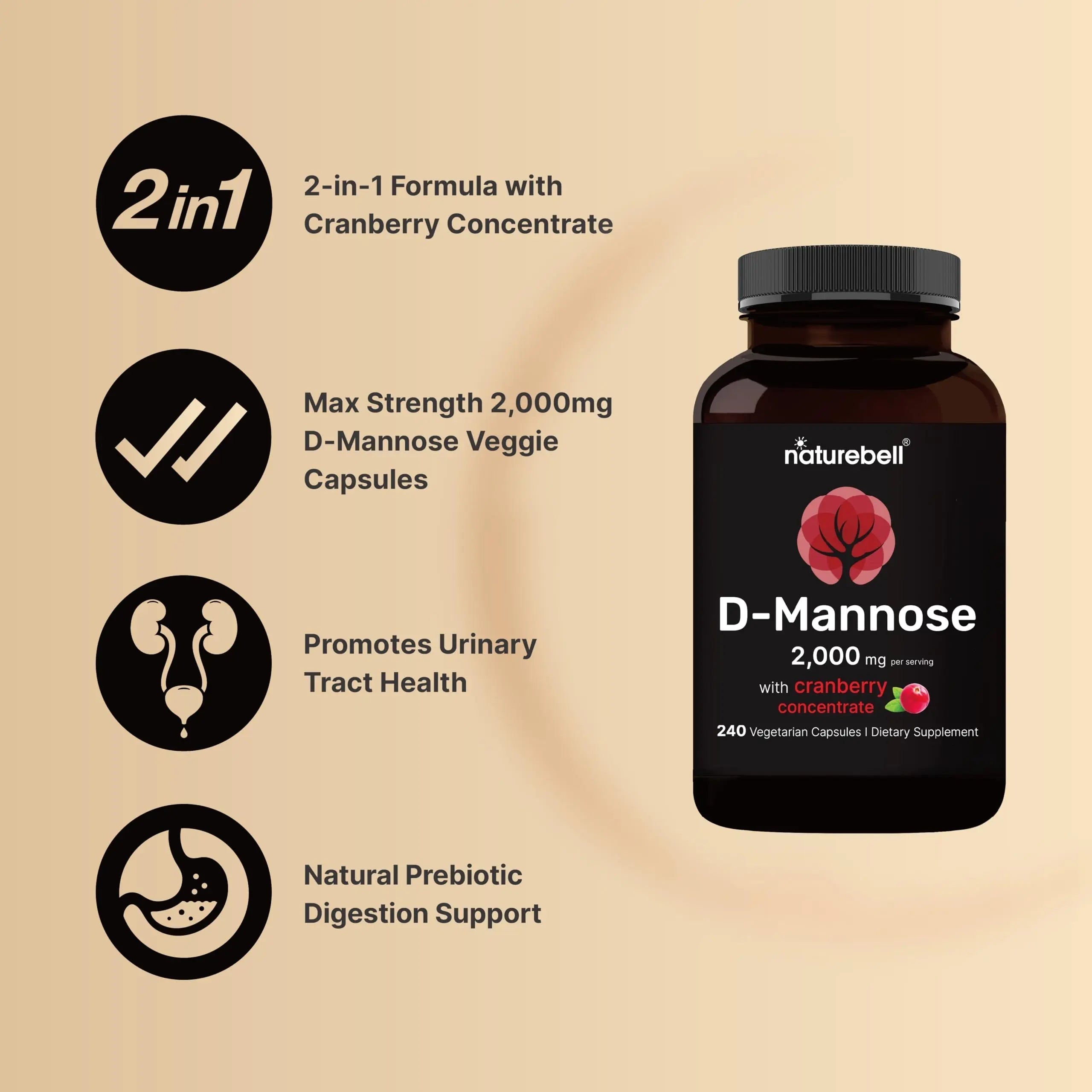 NatureBell D-Mannose 500mg Capsules (2,000mg Per Serving) | 240 Veggie Capsules + Cranberry Concentrate 40mg – Fast Acting Urinary Tract Health Pills – Ultra UTI Support for Women & Men NatureBellAu supplements