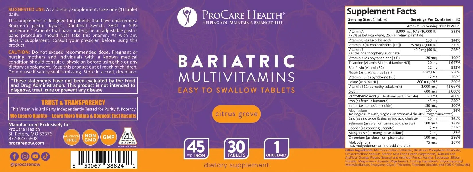 Procare Health Bariatric Multivitamin with Iron 45mg Easy to Swallow 30 Tablets - Post Op Bariatric Vitamins for Gastric Bypass Pills ProCare HealthAu supplements