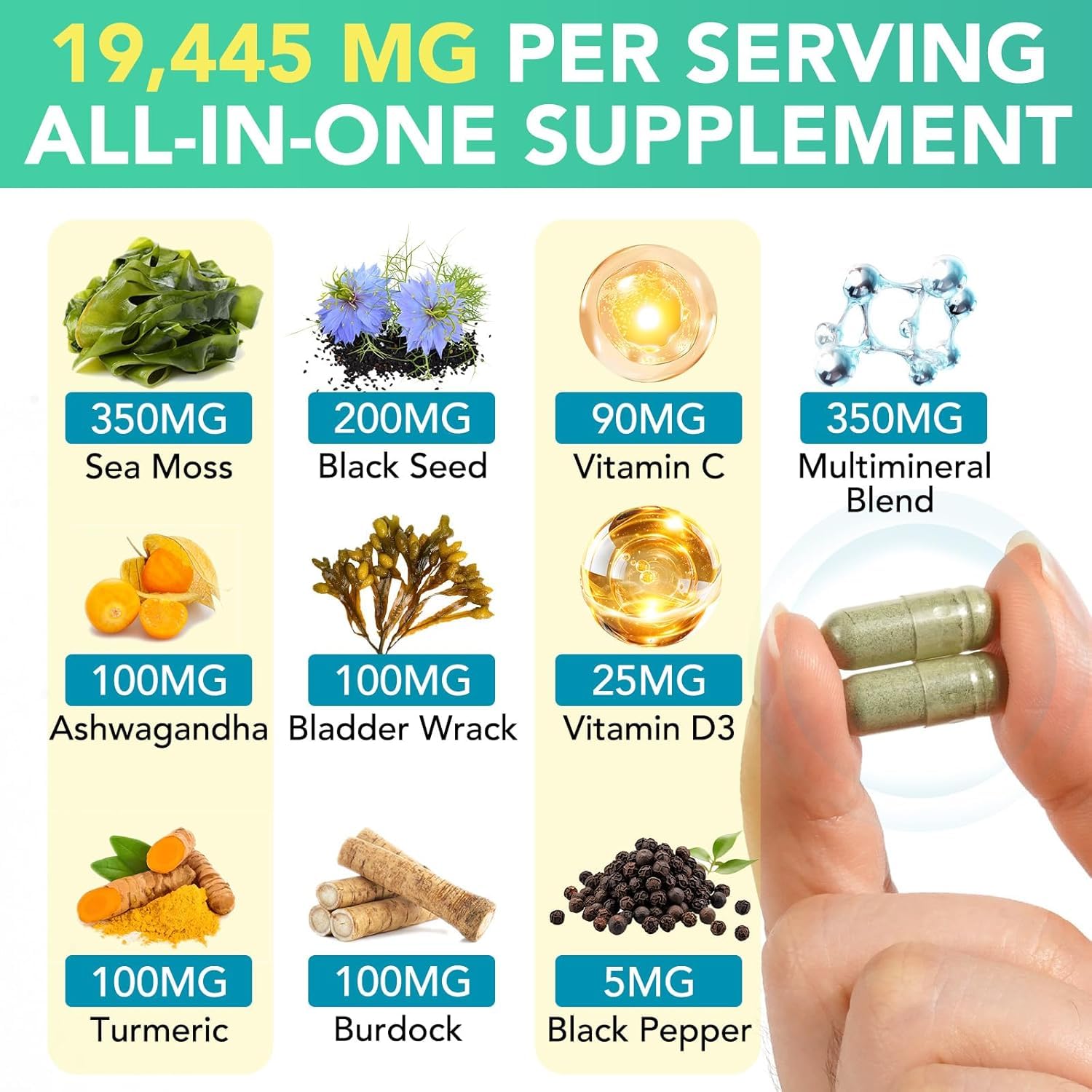 HealthyFinds Sea Moss Black Seed Oil Ashwagandha Ginger Capsules with Turmeric Bladderwrack Burdock & Vitamin C Vitamin D3 with Elderberry Manuka Dandelion Yellow Dock Iodine Chlorophyll ACV HealthyFindsAu supplements
