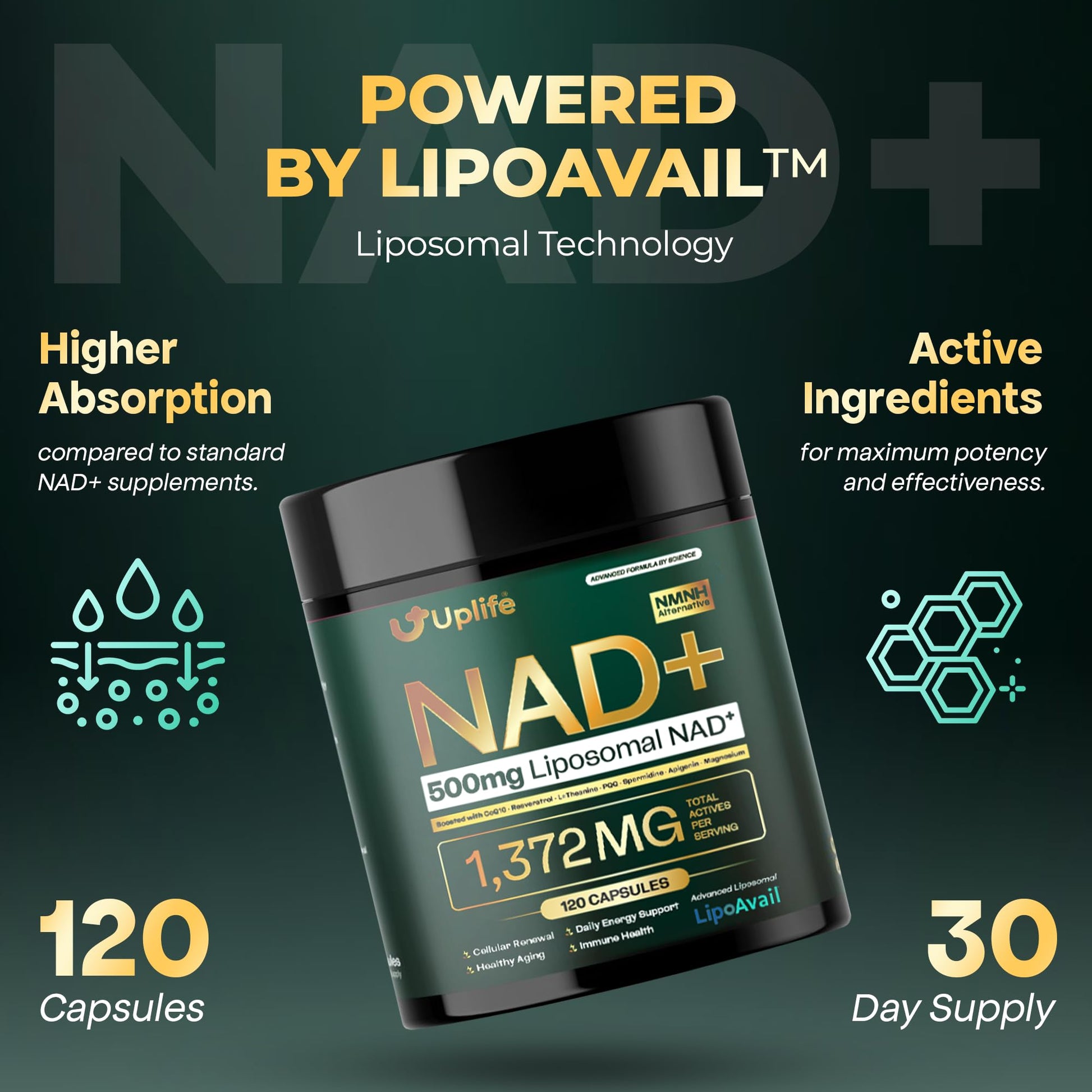 UPLIFE NAD+ Supplement 1,372mg – Liposomal NAD+ with CoQ10, Resveratrol, Spermidine, L-Theanine, Apigenin & PQQ – NMNH Alternative Booster Cellular Energy, Healthy Aging, Immune Health – 120 Capsules UPLIFEAu supplements