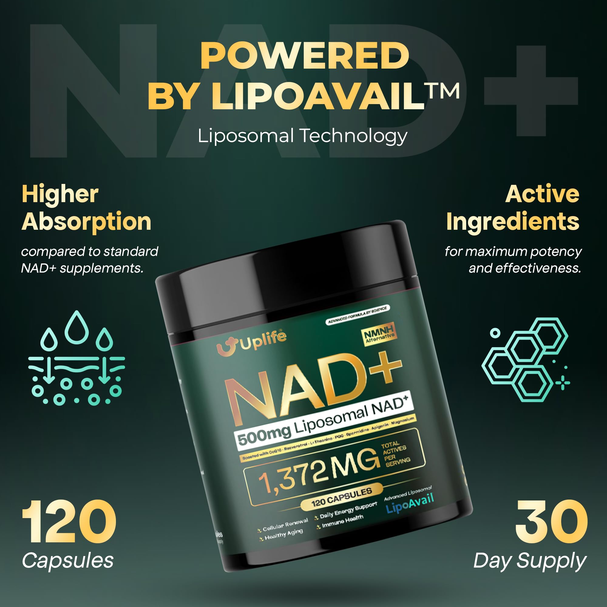 UPLIFE NAD+ Supplement 1,372mg – Liposomal NAD+ with CoQ10, Resveratrol, Spermidine, L-Theanine, Apigenin & PQQ – NMNH Alternative Booster Cellular Energy, Healthy Aging, Immune Health – 120 Capsules UPLIFEAu supplements