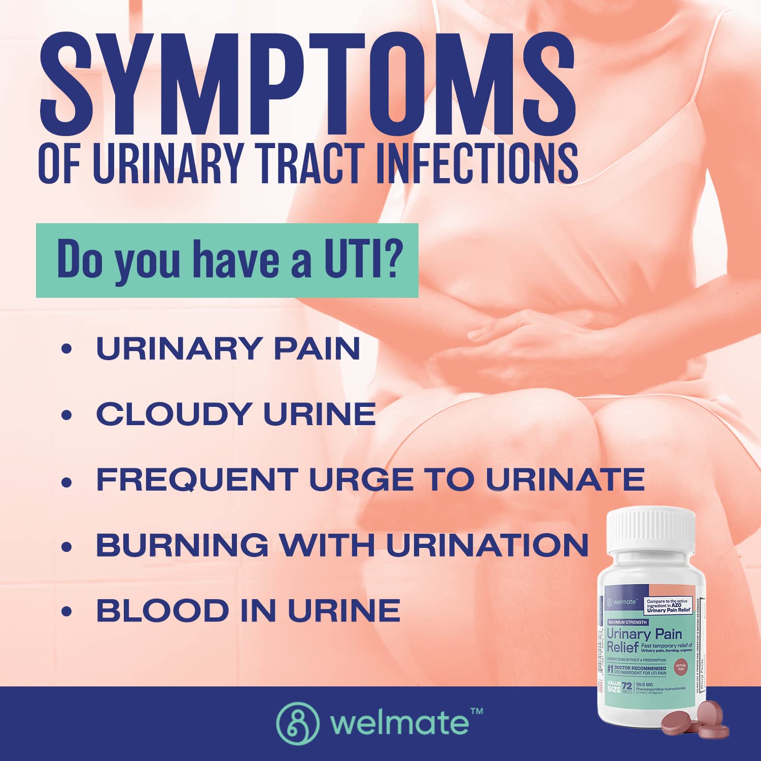 WELMATE Urinary Pain UTI Relief Maximum Strength (Phenazopyridine HCL) - Improve Urinary Tract Health & Bladder Control, Urgency, & Discomfort | Over-The-Counter Medication for Men & Women (72 Pills) WELMATEAu supplements