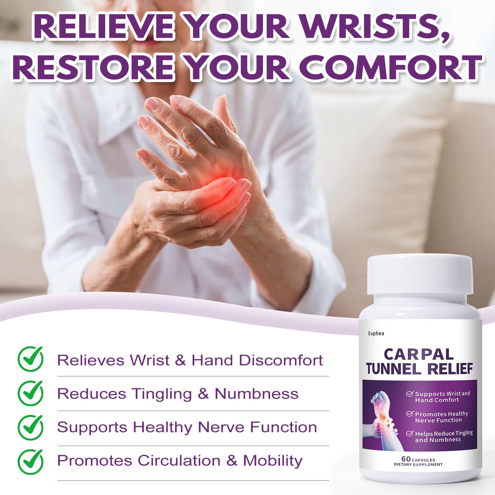 Euphea Carpal Tunnel Relief & Wrist Support Supplement, Helps Ease Tingling & Numbness,Vitamins B6, B12, C, D, K + GABA,60 Capsules EupheaAu supplements
