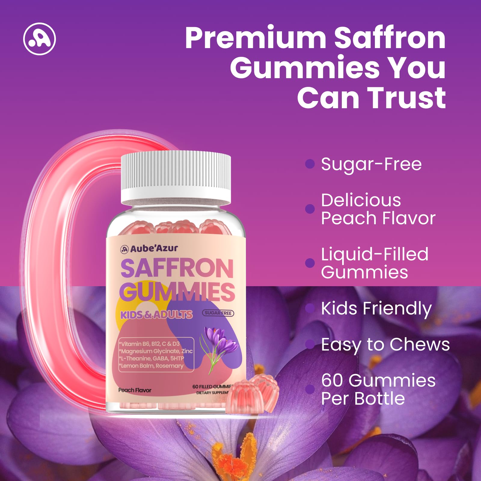 Saffron Gummies for Kids Adults 88.5mg, 15-in-1 Saffron Supplements for Kids, with B6, B12, C, D3, Magnesium Glycinate, Zinc for Nerve, Rest, Focus, Sugar Free, Vegan, Non- GMO, Peach Flavor, 60 Count Aube'AzurAu supplements