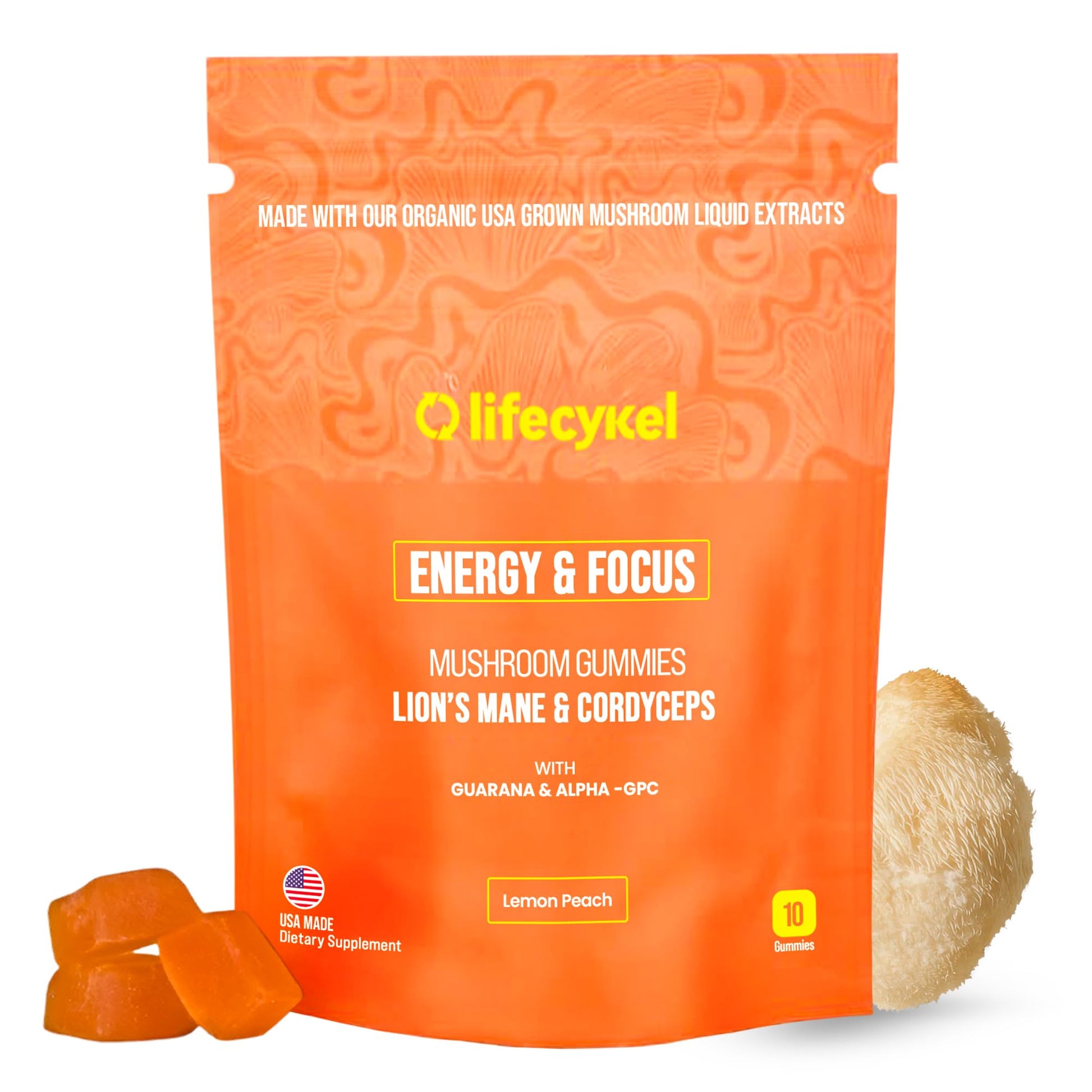 Life Cykel - AM Energy and Focus Mushroom Gummies, 10 Count - Organic Lion's Mane Gummies with Cordyceps, Guarana & Alpha GPC for Mental Clarity, Natural Energy, Endurance & Focus - Lemon Peach Flavor Life CykelAu supplements