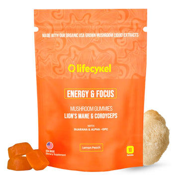 Life Cykel - AM Energy and Focus Mushroom Gummies, 10 Count - Organic Lion's Mane Gummies with Cordyceps, Guarana & Alpha GPC for Mental Clarity, Natural Energy, Endurance & Focus - Lemon Peach Flavor Life CykelAu supplements
