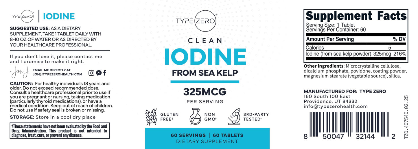 Type Zero Clean Iodine Tablets (60 Servings, 325 MCG Per Serving) - from Sea Kelp, Non-GMO, Gluten Free Type ZeroUS supplements