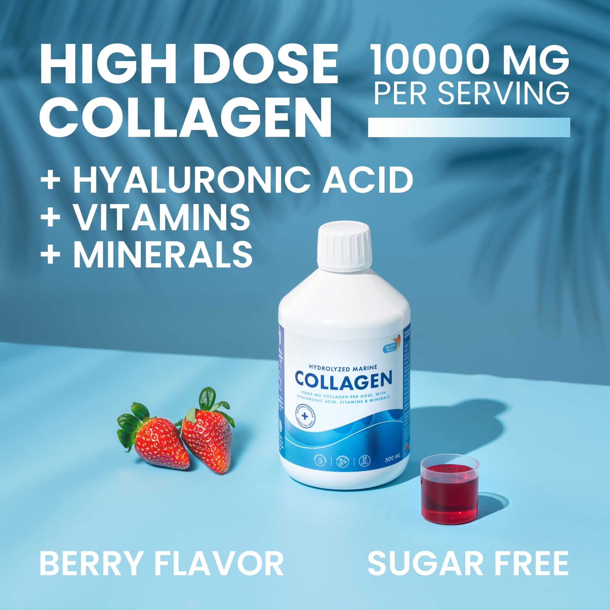 Swedish Nutra 10,000 mg Hydrolyzed Marine Collagen Liquid Supplement - 500 ml, 20 Day Supply | Hyaluronic Acid, Biotin & Vitamin C for Healthy Hair, Skin, Nails & Joints | For Men & Women | Sugar-Free Swedish NutraAu supplements