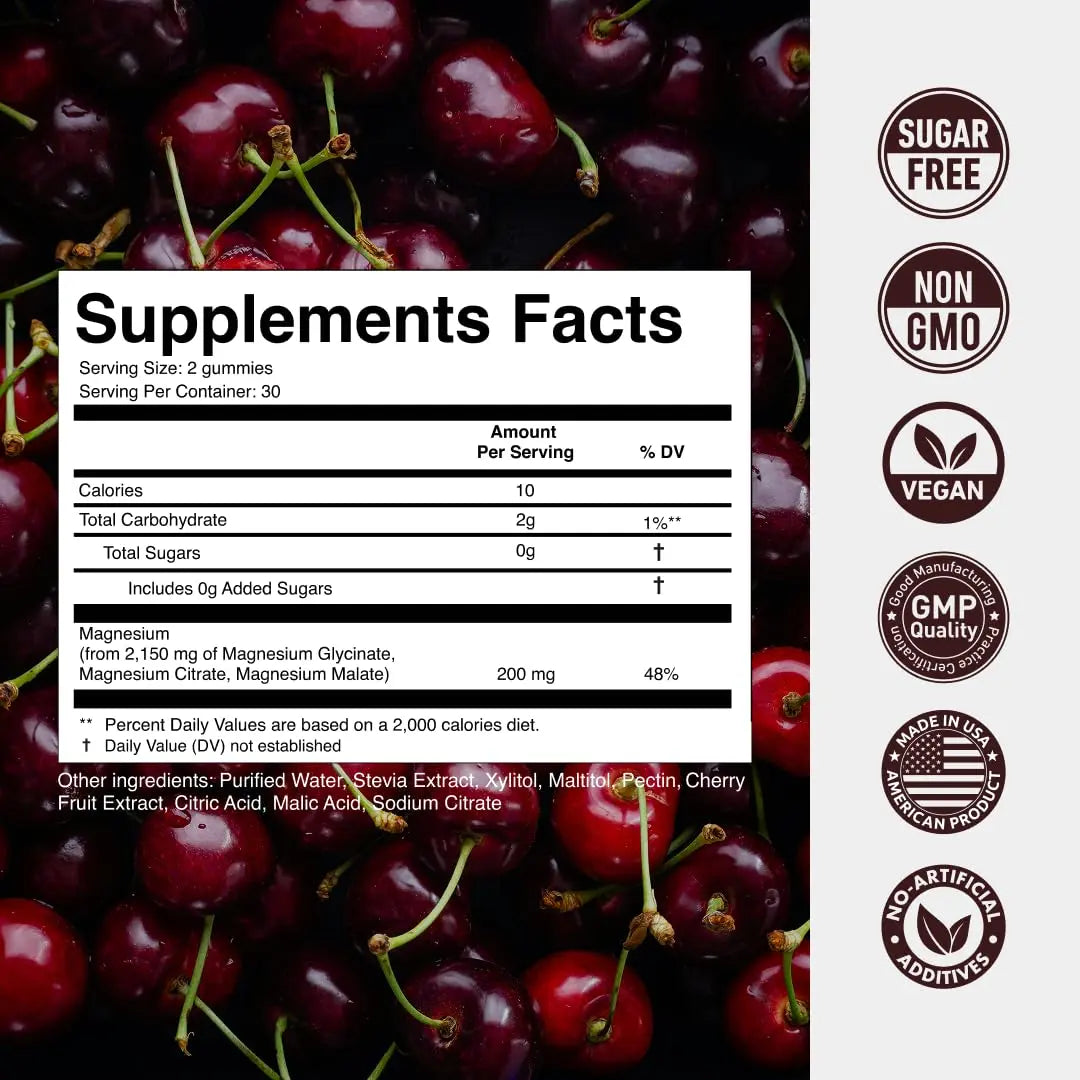 Magnesium Gummies 3in1 - Glycinate, Citrat, Malate 2150 MG High Absorption Supplement, Sugar-Free, Vegan, Chews for Men & Women, Inspired by Wellness Traditions Like Arjuna, 60 Gummies, Cherry Flavor Secret Elementnz supplements