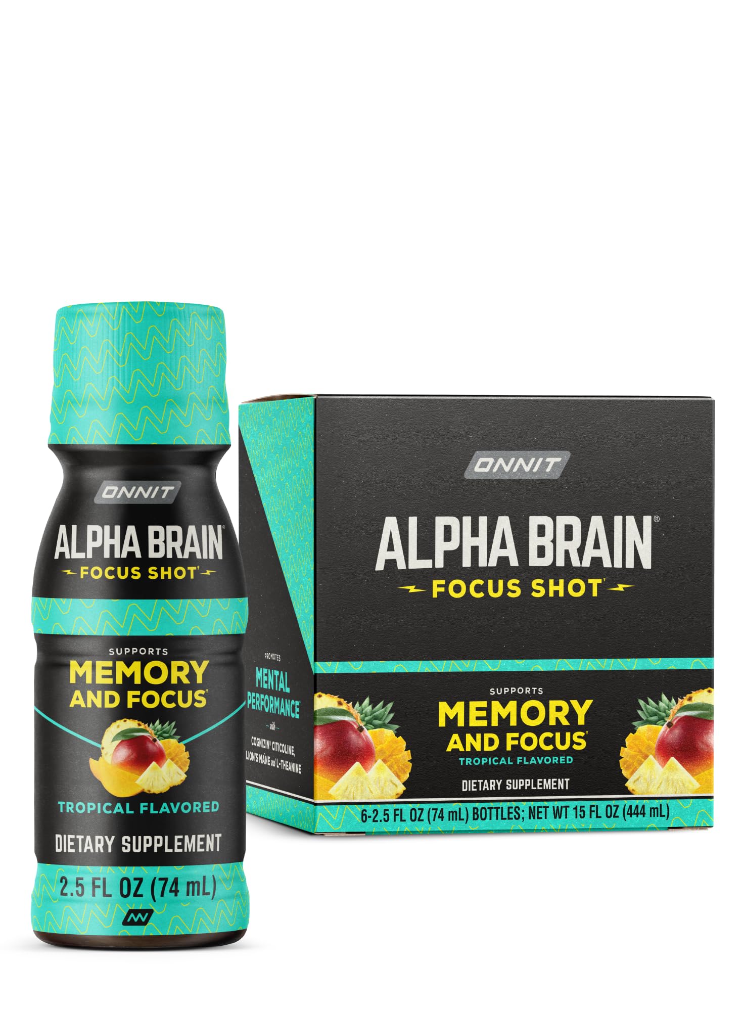 ONNIT Alpha Brain Focus Shot, Tropical Flavor, Nootropic Dietary Supplement Drink That Supports Energy, Focus, and Mood, IGEN™ Non-GMO Tested, 2.5 fl oz, 6 Count ONNITAu supplements