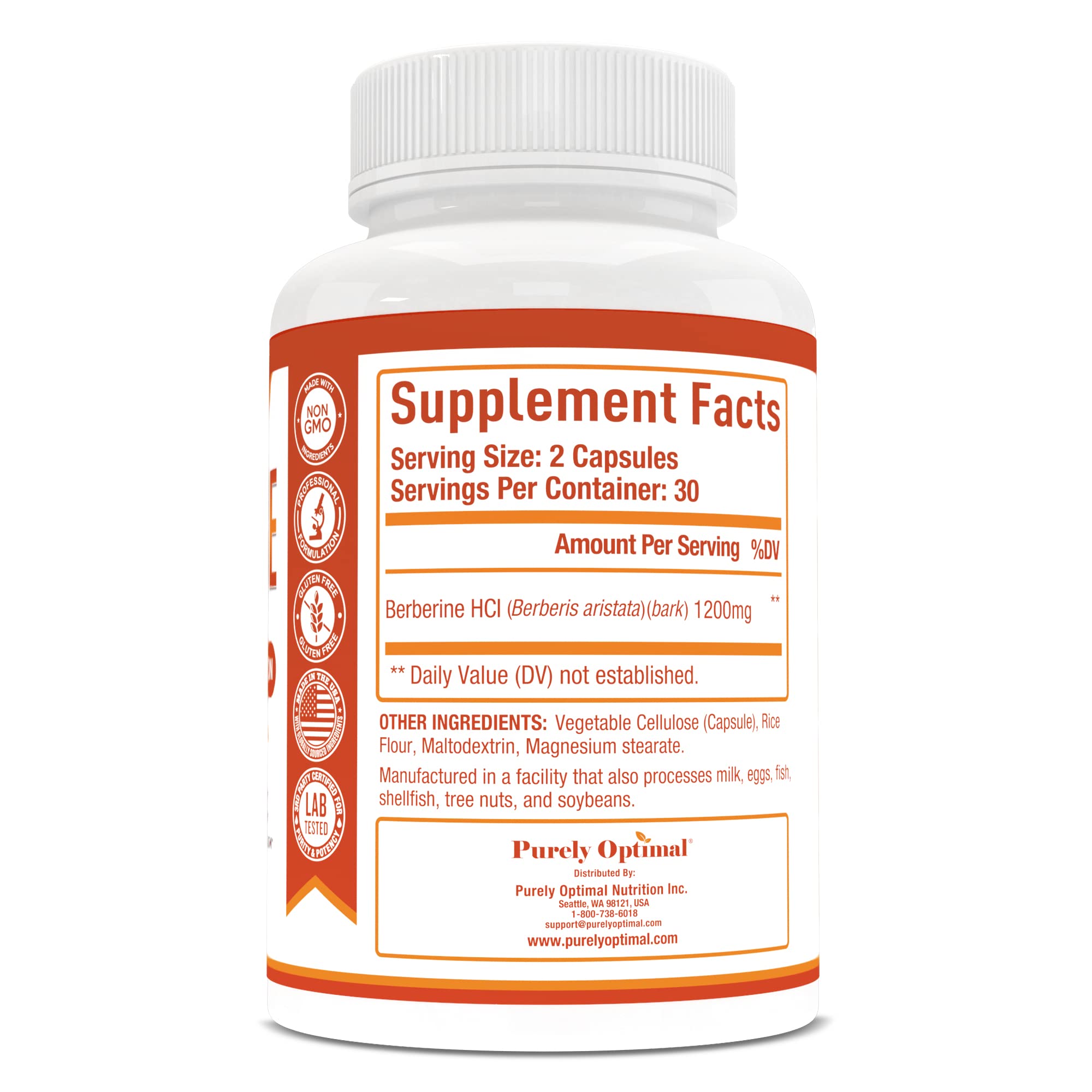 Purely Optimal Premium Berberine Supplement - 1200mg Berberine HCl, Non-GMO Purely OptimalUS supplements
