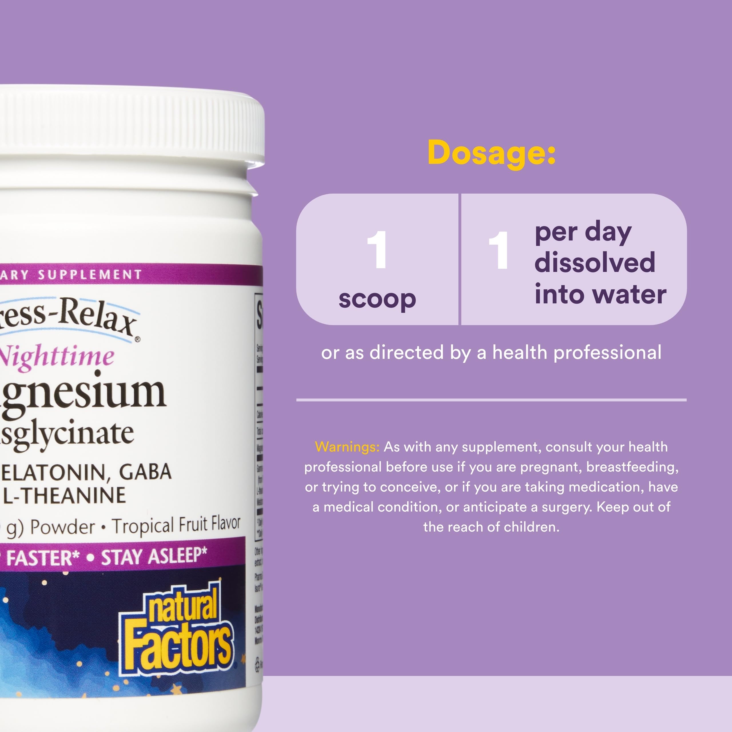 Natural Factors Stress-Relax Nighttime Magnesium Bisglycinate - Supports Sleep & Relaxation* - with Melatonin, L-Theanine & GABA - Tropical Flavor - 4.23 oz Natural FactorsAu supplements