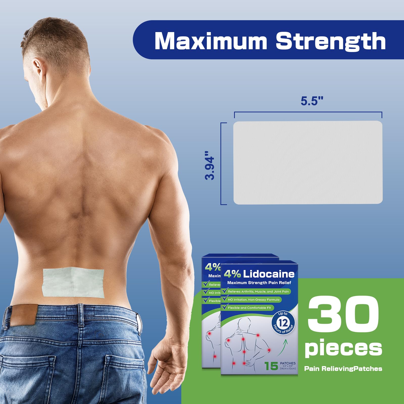 Uposiut 4% Lidocaine Pain Relief Patches 30 Count – Maximum Strength, 12 Hour Long Lasting, Flexible & Low Odor, for Back, Neck, Knee & Shoulder - 002AB UposiutAu supplements