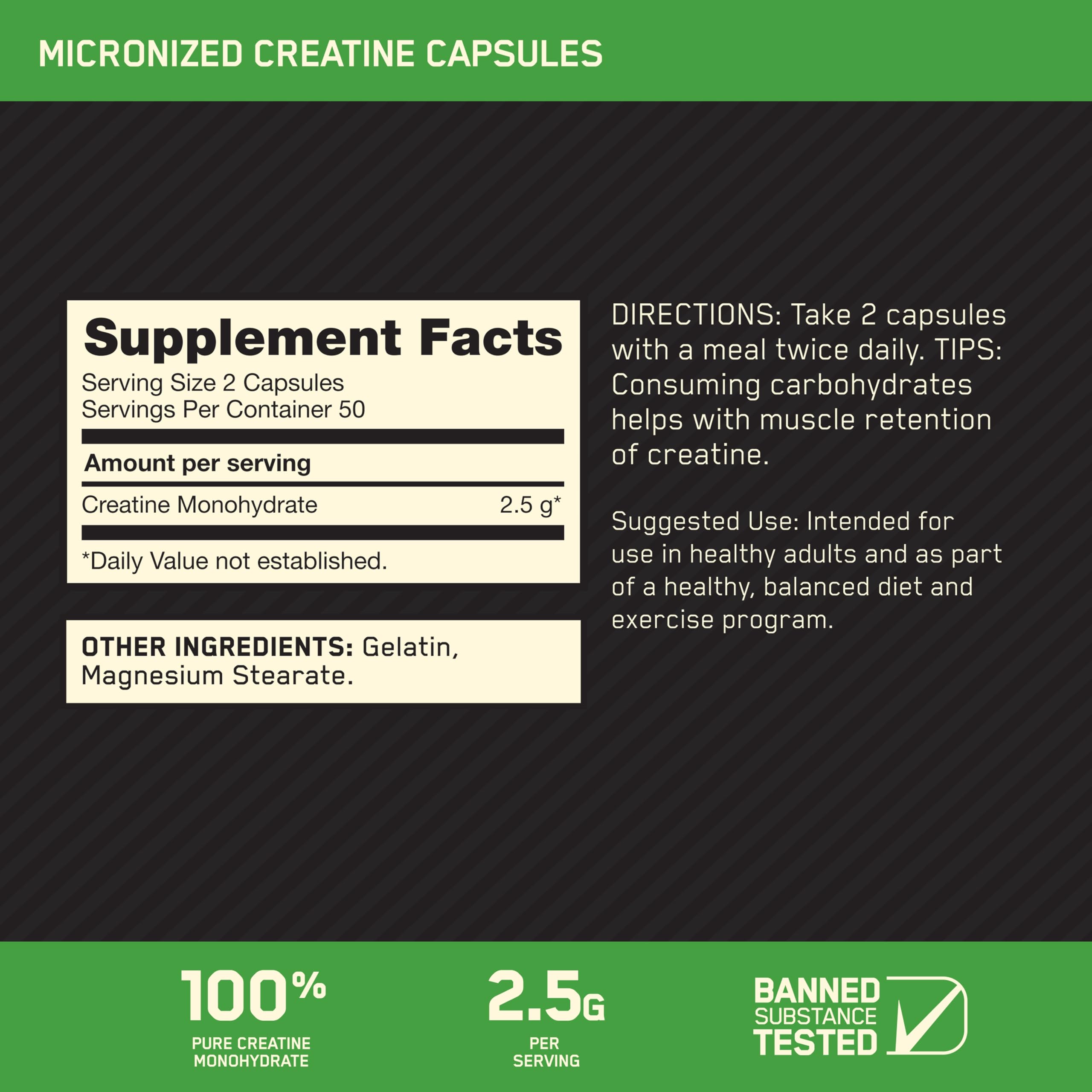 Optimum Nutrition Micronized Creatine Monohydrate Capsules, Keto Friendly, 2500mg, 100 Capsules Optimum NutritionAu supplements
