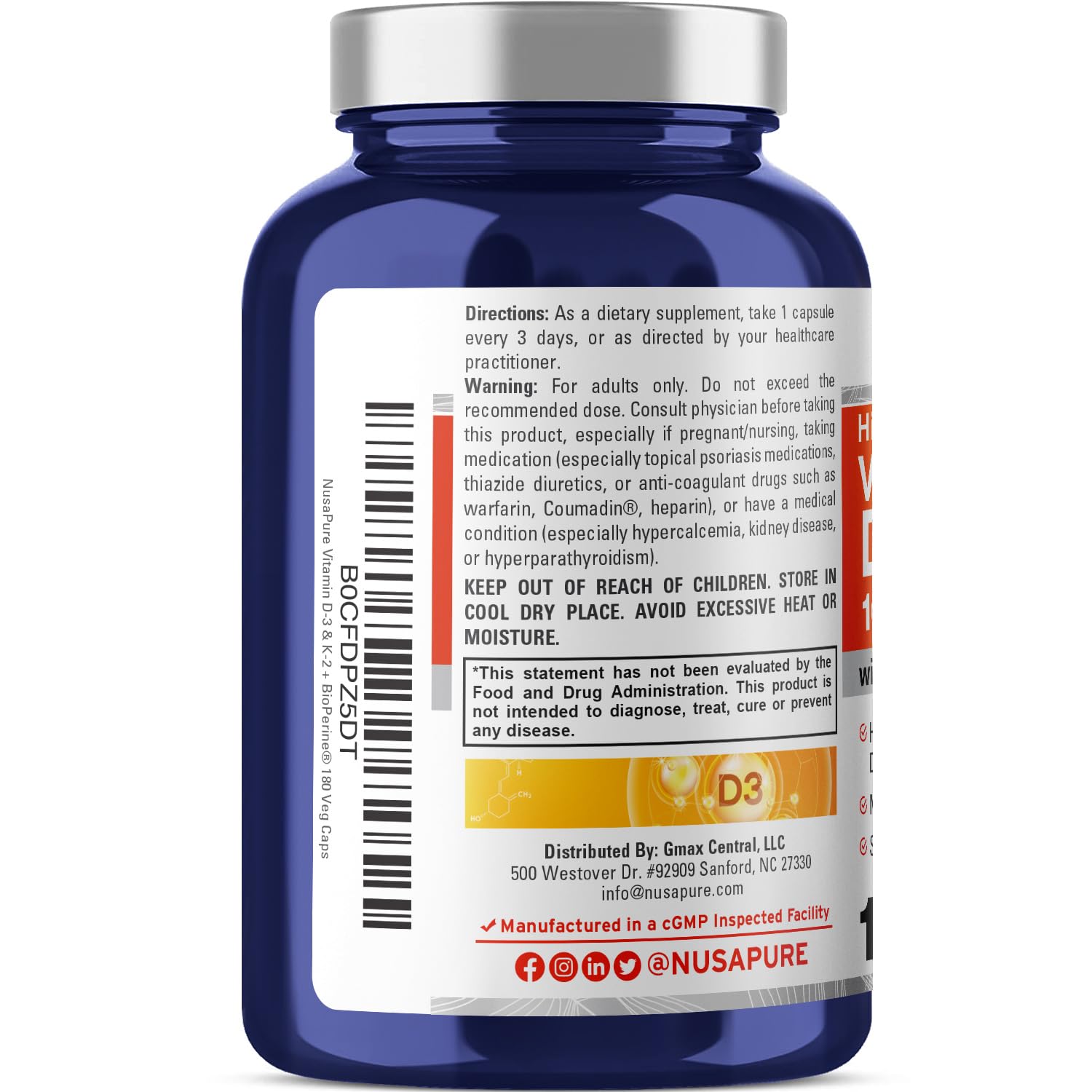 NusaPure Vitamin K2 (MK7) (200mcg) + Vitamin D3 (10000 IU) 180 Veg Caps - Bioperine, Soyfree, Non-GMO NusaPureAu supplements