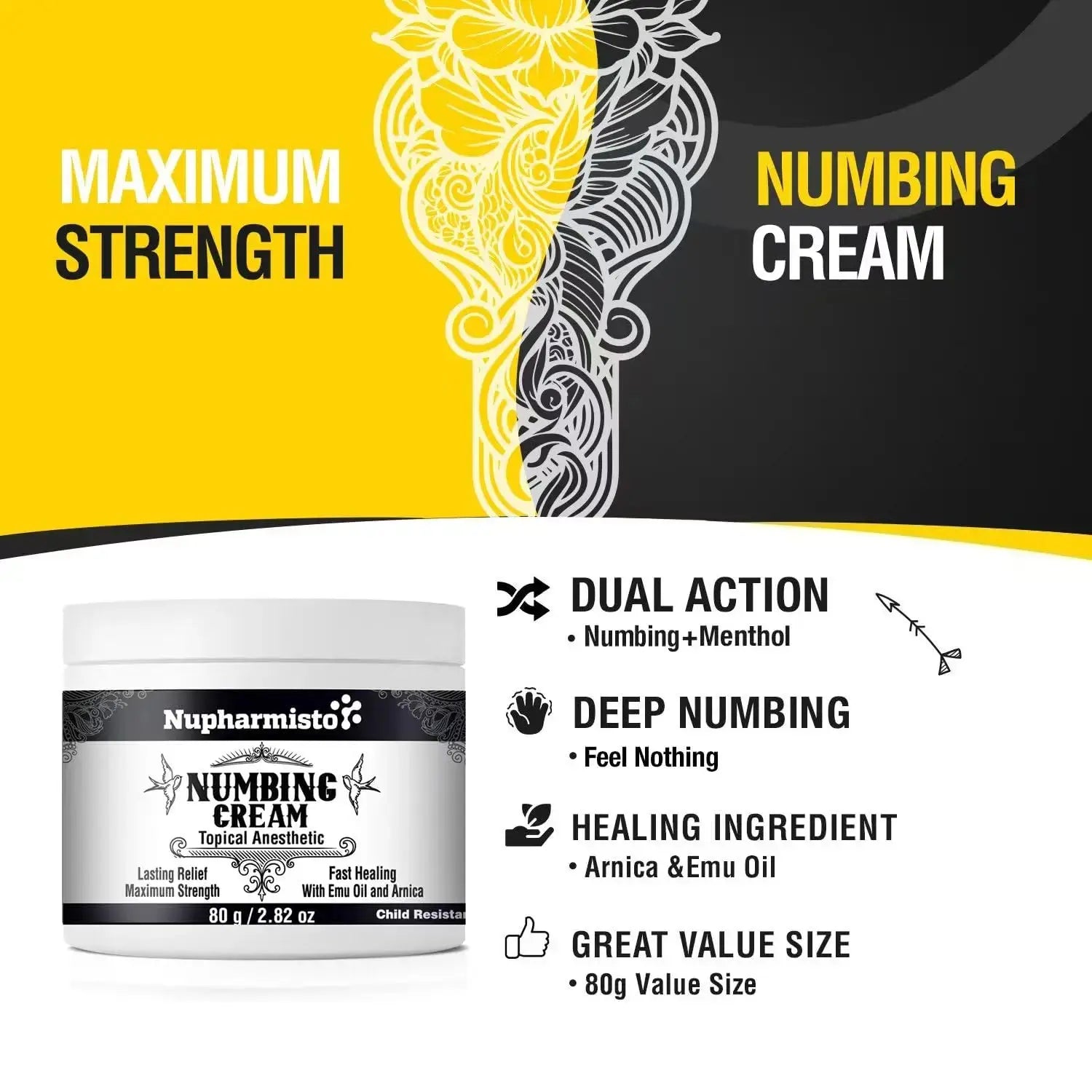 Nupharmisto Numbing Cream Maximum Strength : Long Lasting Numbing Cream with 5X Numbing - Emu Oil and Arnica 80 g / 2.82 oz NupharmistoAu supplements