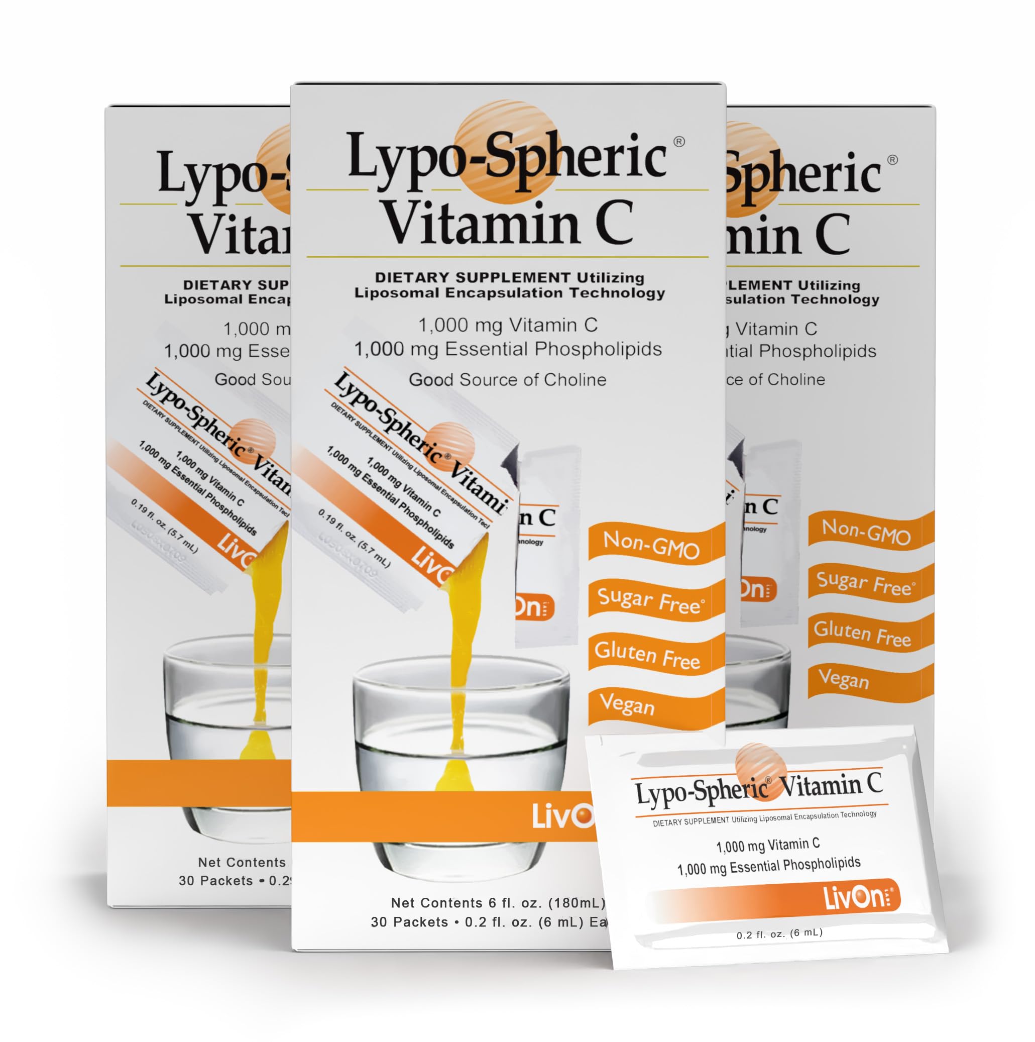 LivOn Laboratories Lypo–Spheric Vitamin C – 3 Cartons (90 Packets) – 1,000 mg Vitamin C & 1,000 mg Essential Phospholipids Per Packet – Liposome Encapsulated for Improved Absorption – 100% Non–GMO LivOn LaboratoriesUS supplements
