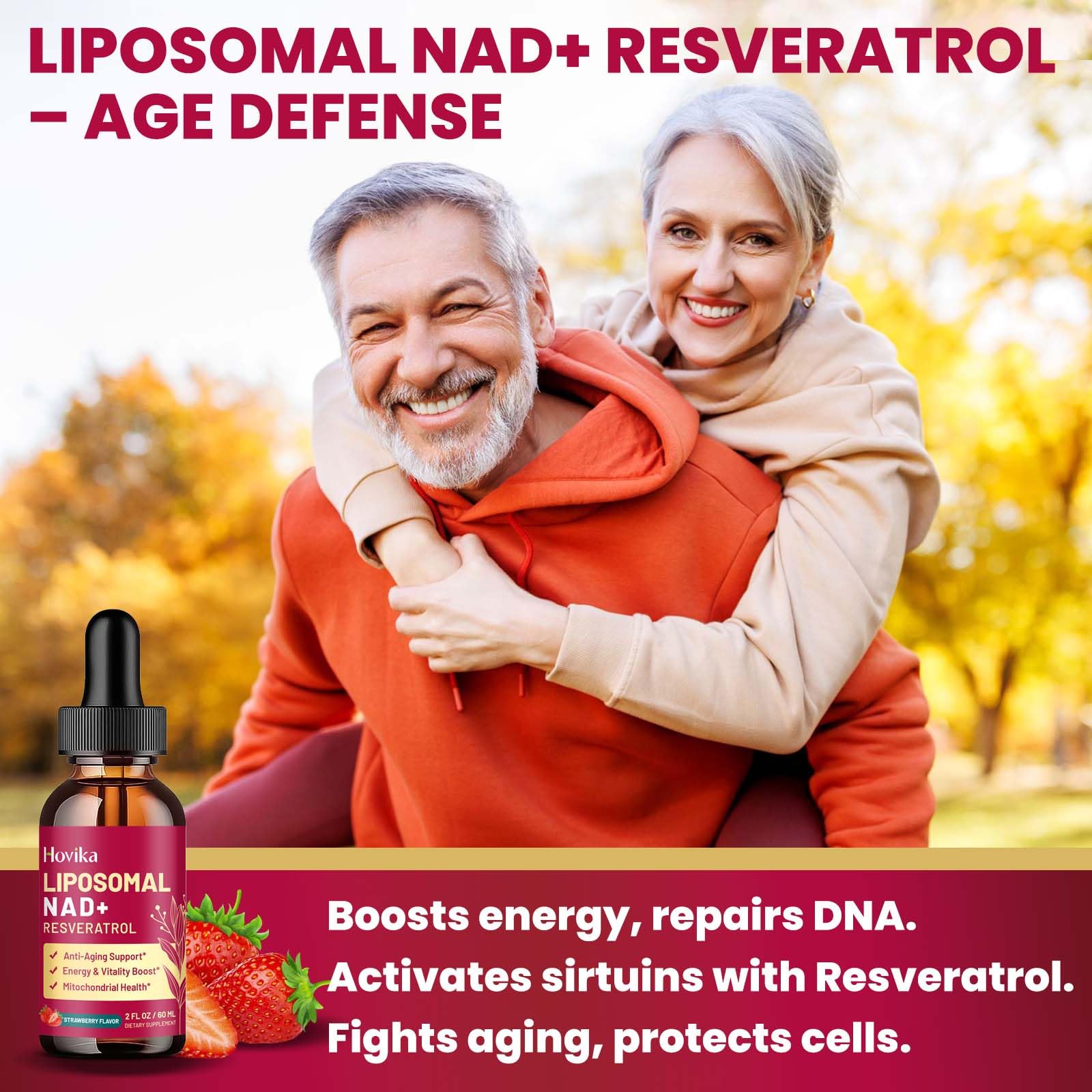 Liposomal NAD Supplement - 1200mg NAD+ Liquid Drops for Women & Men with Resveratrol, Black Pepper Extract - Support Anti-Aging, Brain & Cellular Mitochondrial Health - 2 Fl Oz, Strawberry Flavor HovikaAu supplements