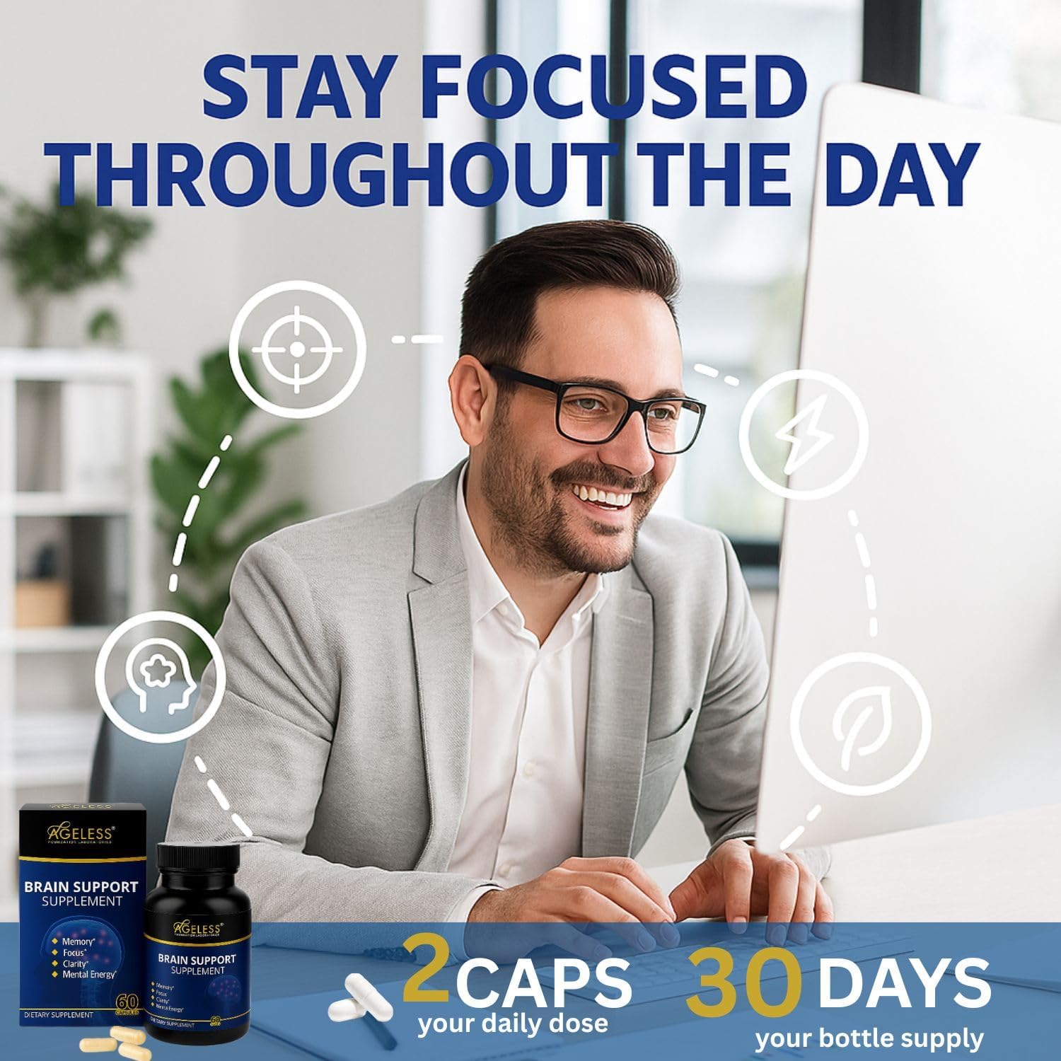 Ageless Brain Supplements for Memory and Focus 1000 MG | Cognitive Improvement | Formulated with Clinically Studied Ingredients | Support Mental Clarity & Neuro Health | Vitamin B6, B12, 60 Capsules Ageless Foundation LaboratoriesAu supplements