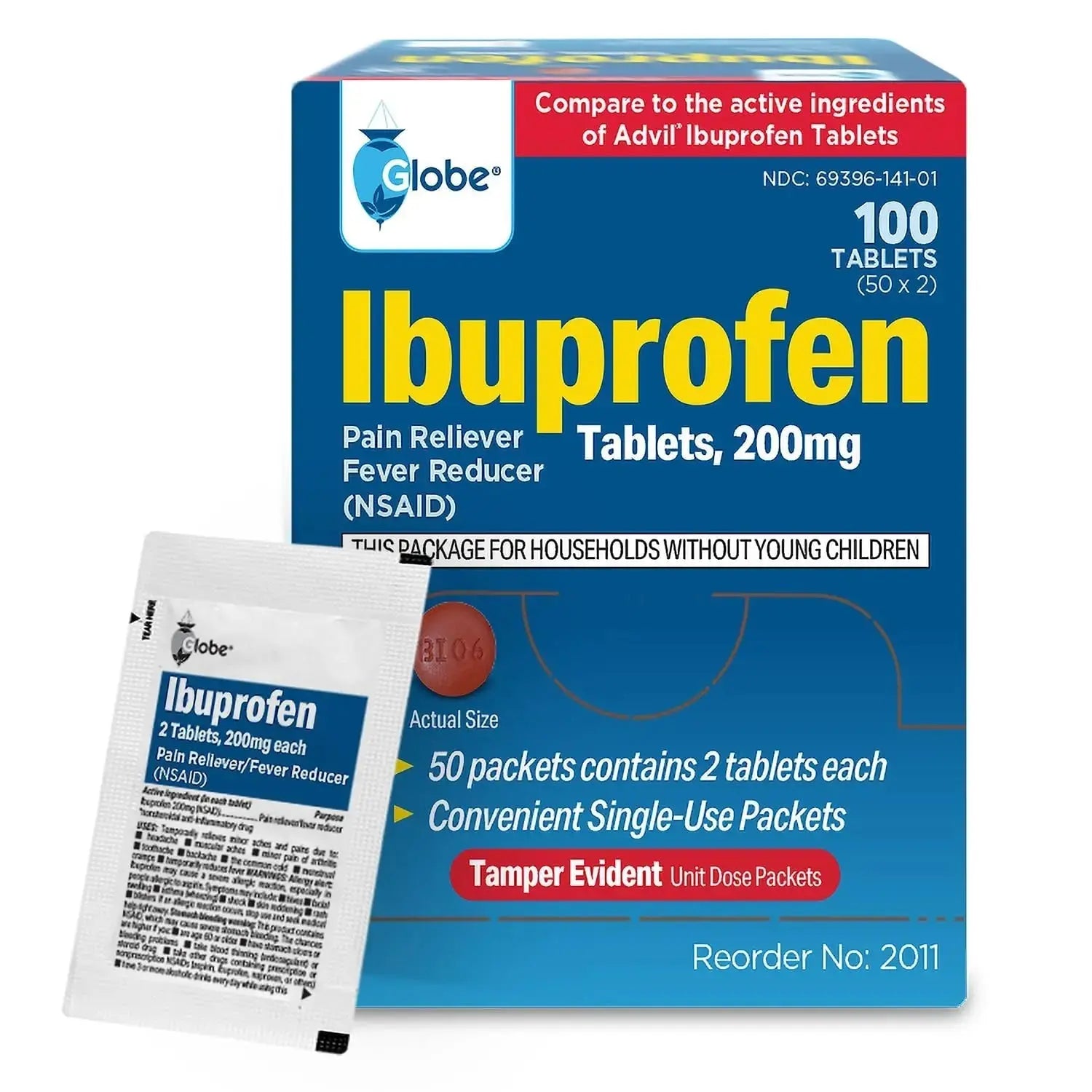 Globe Ibuprofen Tablets, 200 mg, Pain Reliever and Fever Reducer, for Headache, Muscular Aches, Arthritis, Backache and More 50 Packets of 2 Tablets Each,100 Tablets Trifecta Pharmaceuticals USAAu supplements