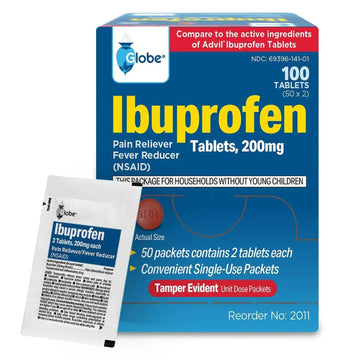 Globe Ibuprofen Tablets, 200 mg, Pain Reliever and Fever Reducer, for Headache, Muscular Aches, Arthritis, Backache and More 50 Packets of 2 Tablets Each,100 Tablets Trifecta Pharmaceuticals USAAu supplements