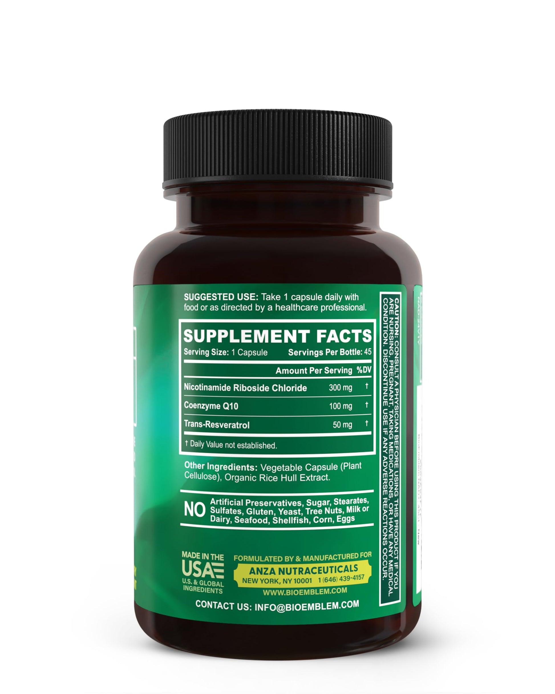 BioEmblem NAD+ Supplement | 300 mg Nicotinamide Riboside with CoQ10 & Resveratrol | Supports Healthy Aging, Cellular Energy and Cognitive Function | Non-GMO, Gluten Free - 45 Capsules BioEmblemAu supplements