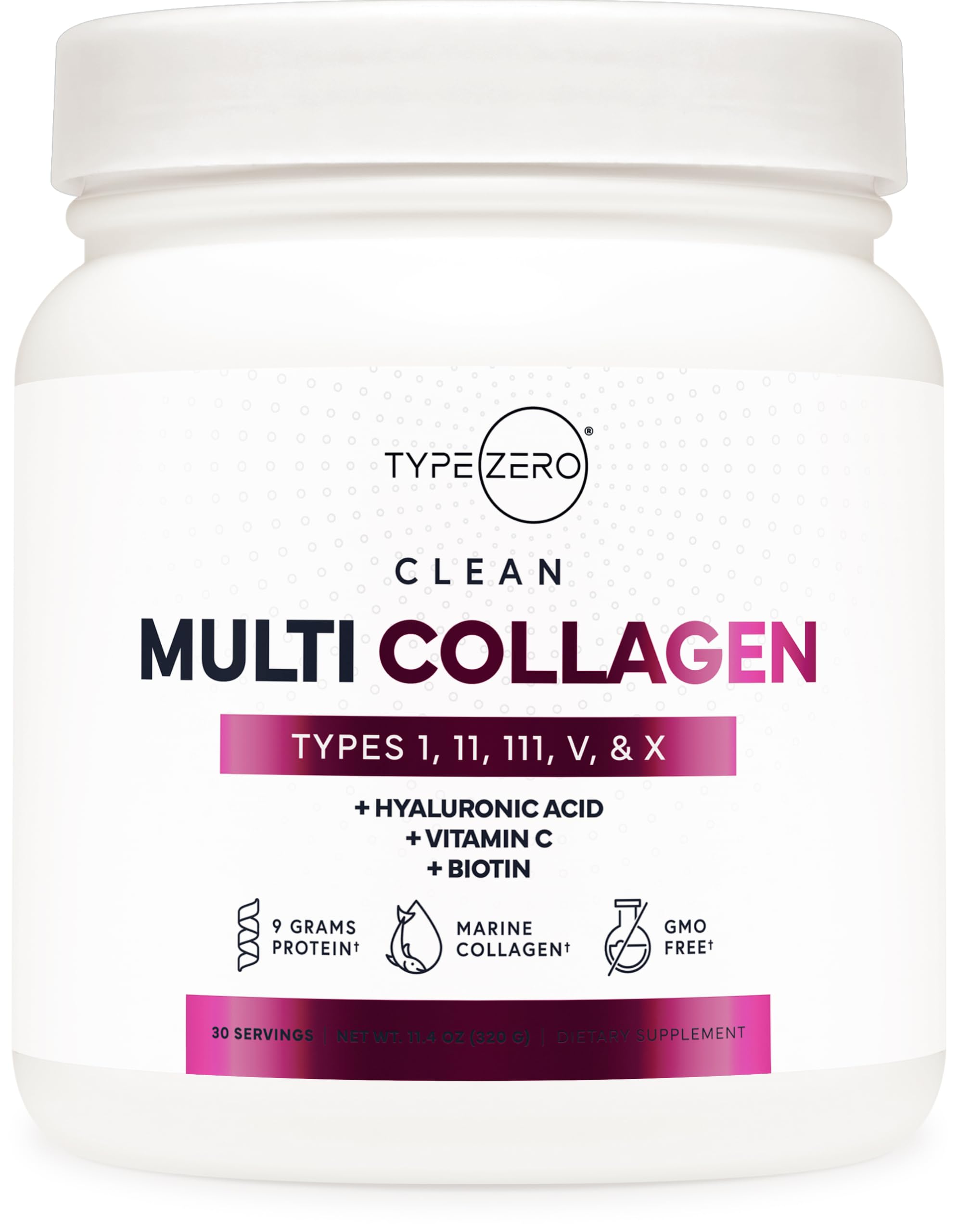 Type Zero Multi Collagen Powder 30 Servings (Unflavored) - Types I, II, III, V, & X Collagen Peptides + Hyaluronic Acid, VIT C, Biotin Type ZeroUS supplements
