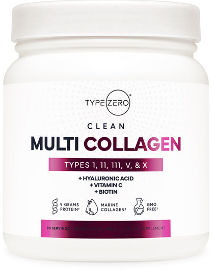 Type Zero Multi Collagen Powder 30 Servings (Unflavored) - Types I, II, III, V, & X Collagen Peptides + Hyaluronic Acid, VIT C, Biotin Type ZeroUS supplements
