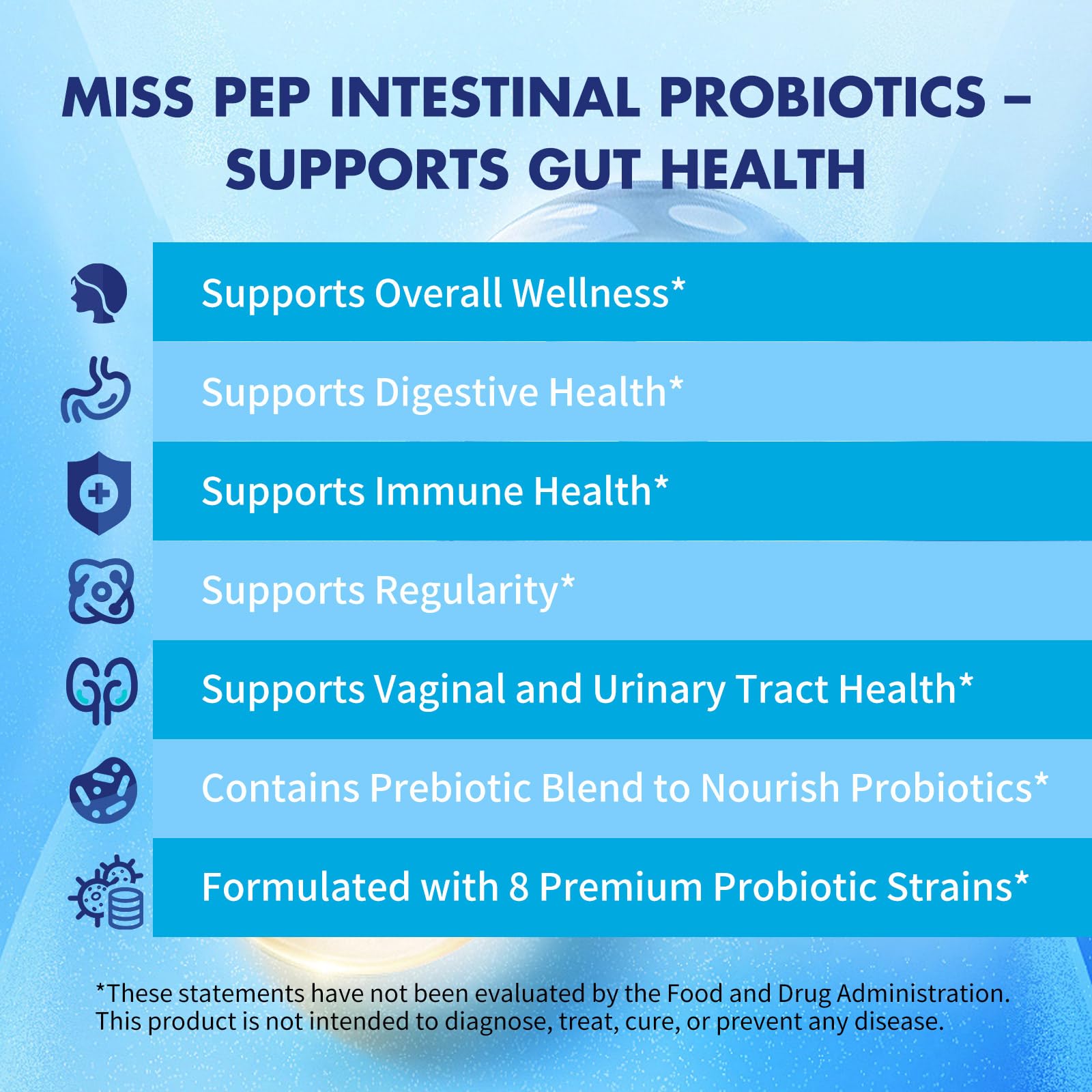 MISS PEP Probiotics 50 Billion CFU - 8 Unique Strains + 3 Prebiotics - Immune, Digestive & Gut Health - Supports Occasional Constipation, Diarrhea, Gas & Bloating - Probiotics for Women & Men - 30ct MISS PEPAu supplements
