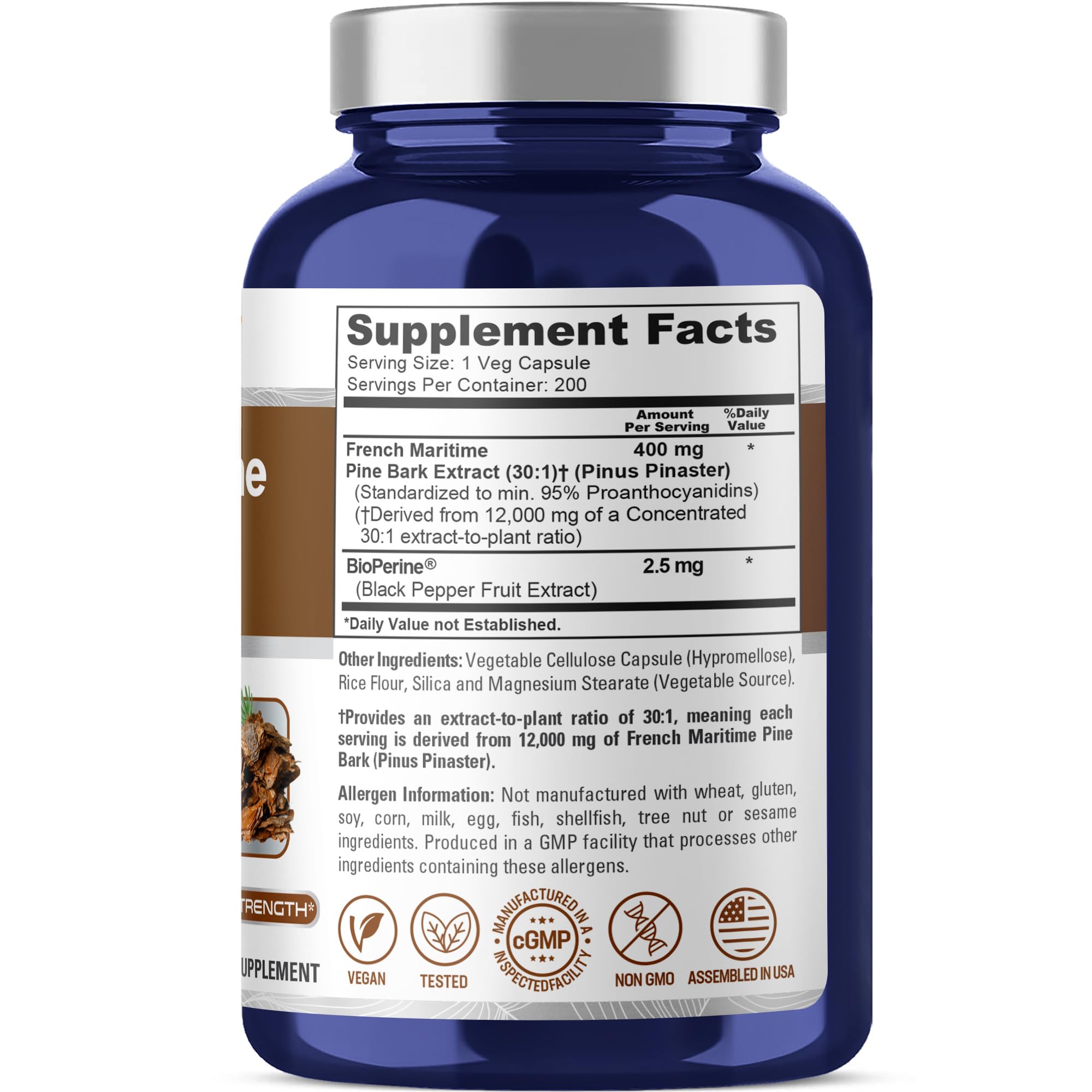 NusaPure French Maritime Pine Bark 30:1 Extract, 400 mg Equivalent to 12,000 mg Per Veggie Caps 200-Day Supply, Bioperine (Non-GMO & Vegan) NusaPureAu supplements