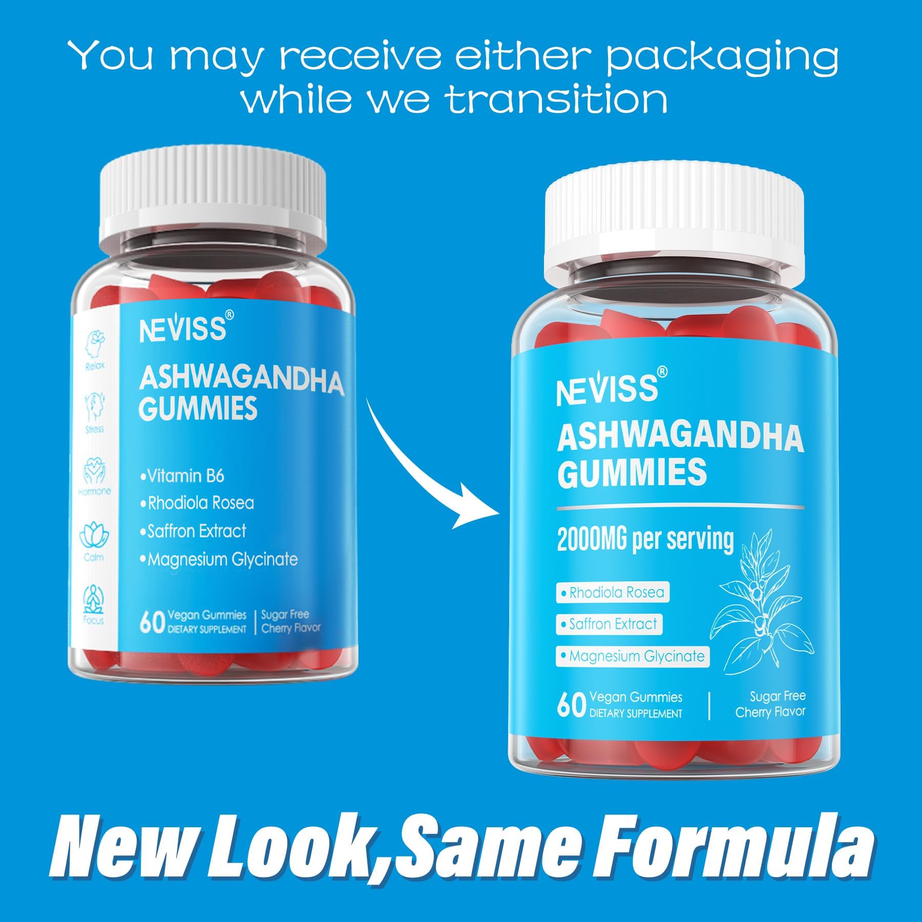Sugar Free Ashwagandha Gummies - with Magnesium Glycinate, Rhodiola Rosea, Zinc, Lemon Balm, B6 - Relaxation Support, Natural Zzz, Stamina, Energy for Men Women - 60 Counts NEVISSAu supplements
