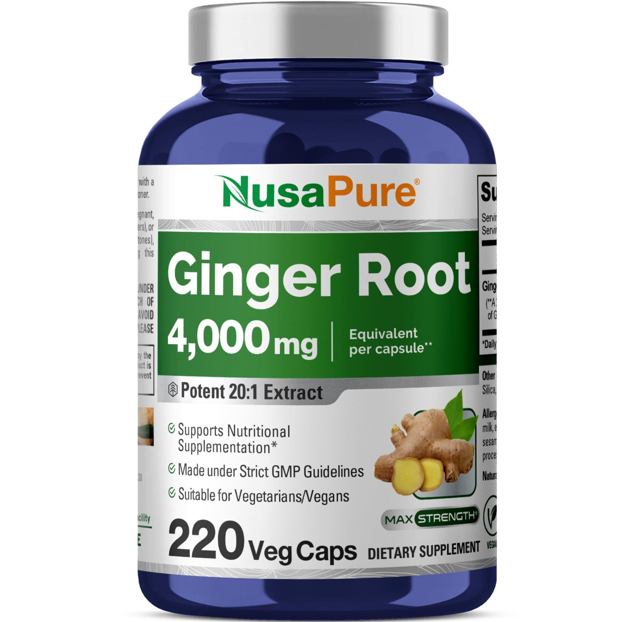 NusaPure Ginger Root Capsules 20:1 Extract, 200 mg Equivalent to 4,000mg per Veggie Caps | 220 Count | Non-GMO & Vegan NusaPureAu supplements