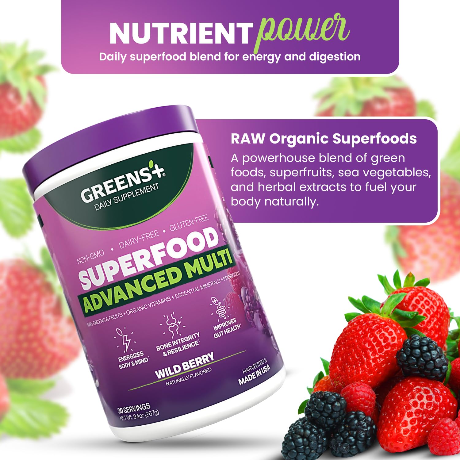 Greens+ Advanced Multi Wild Berry Superfood Powder, Organic Blend, Vegan, Non-GMO, Soy-Free, Dairy-Free, Gluten-Free, Dietary Supplement with Vitamins & Minerals, 9.4 oz Greens+Au supplements