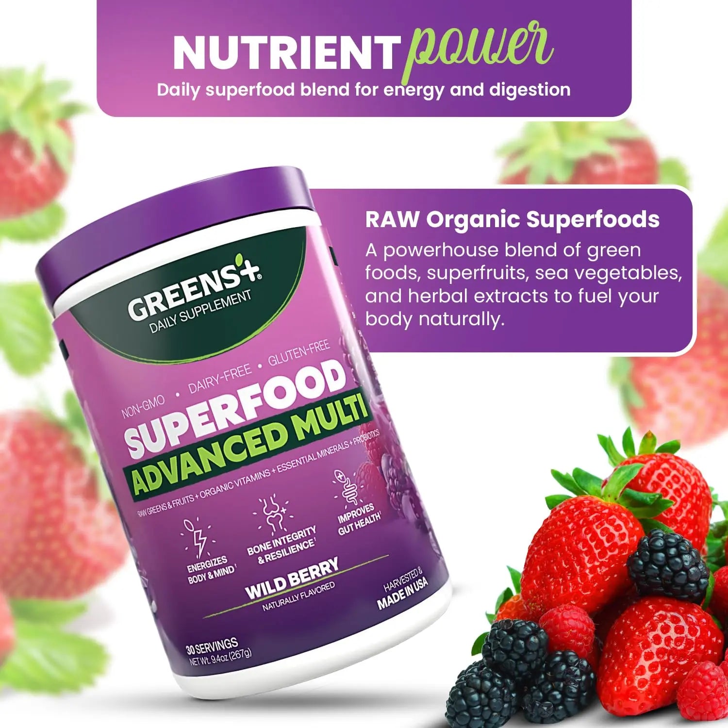 Greens+ Advanced Multi Wild Berry Superfood Powder, Organic Blend, Vegan, Non-GMO, Soy-Free, Dairy-Free, Gluten-Free, Dietary Supplement with Vitamins & Minerals, 9.4 oz Greens+Au supplements