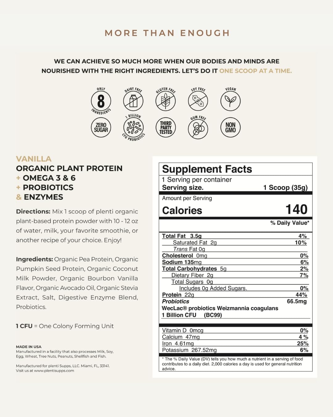 plenti Organic Plant-Based Protein Powder: Vanilla - 20g Pea Protein + Probiotics, Digestive Enzymes & Omega 3-6, Gut Friendly, Sugar Free, 27 Servings (2 lbs) plentiAu supplements