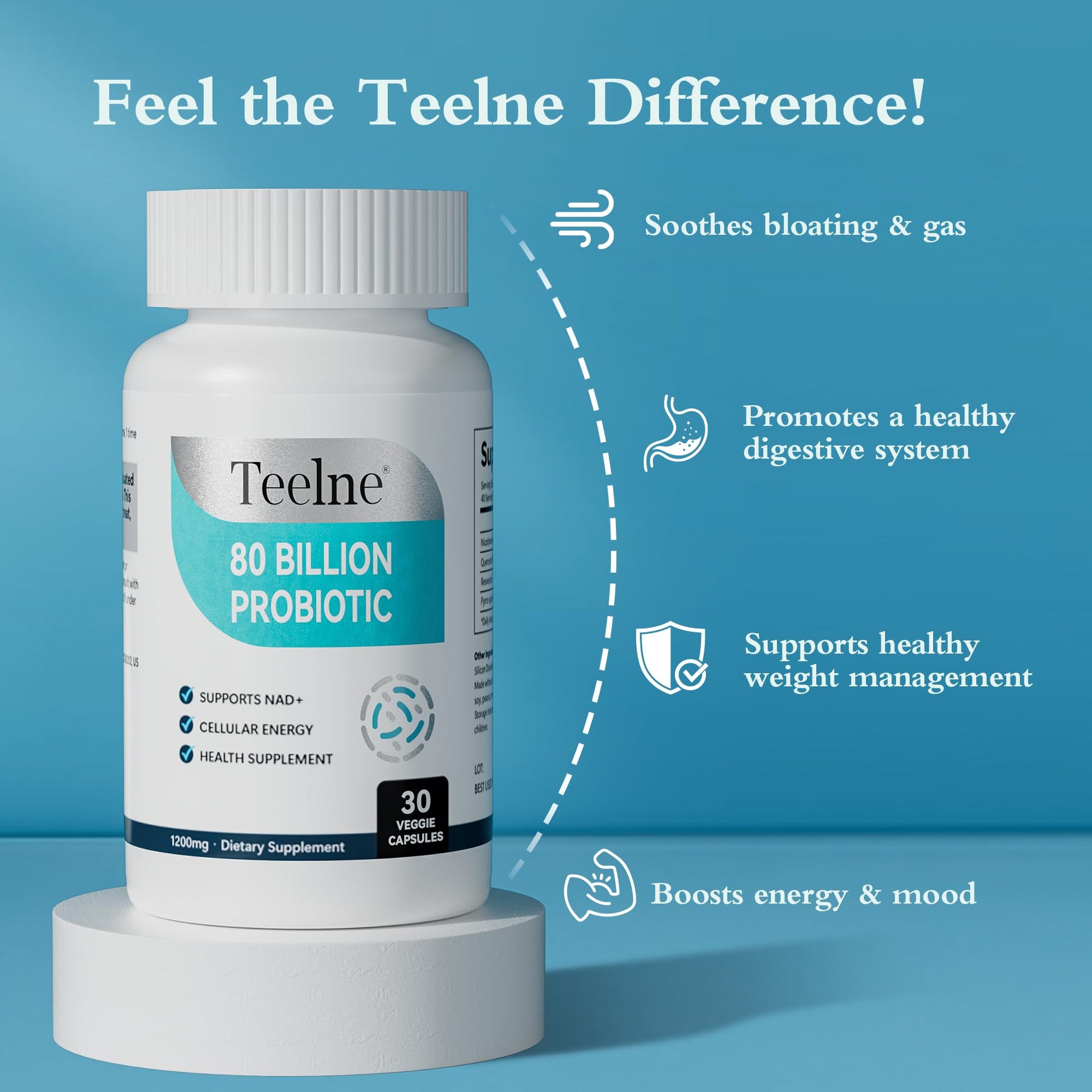 Teelne Probiotics 80 Billion CFU - 10 strains, Prebiotic+ Probiotics Support Digestive & Gut Health, Bloating & Constipation Relief, 30 Capsules (30-Day Supply) TeelneAu supplements