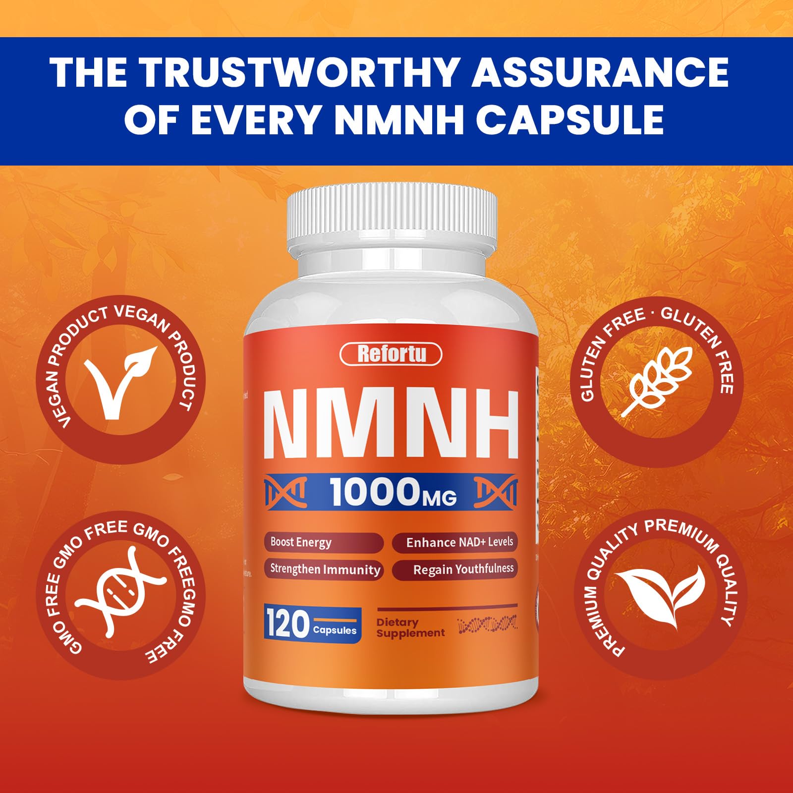 NMNH Supplement(Dihydronicotinamide Mononucleotide),Nicotinamide Mononucleotide for NAD+ Booster,1000mg per Serving,Supports Energy & Overall Health,120 Capsules RefortuAu supplements